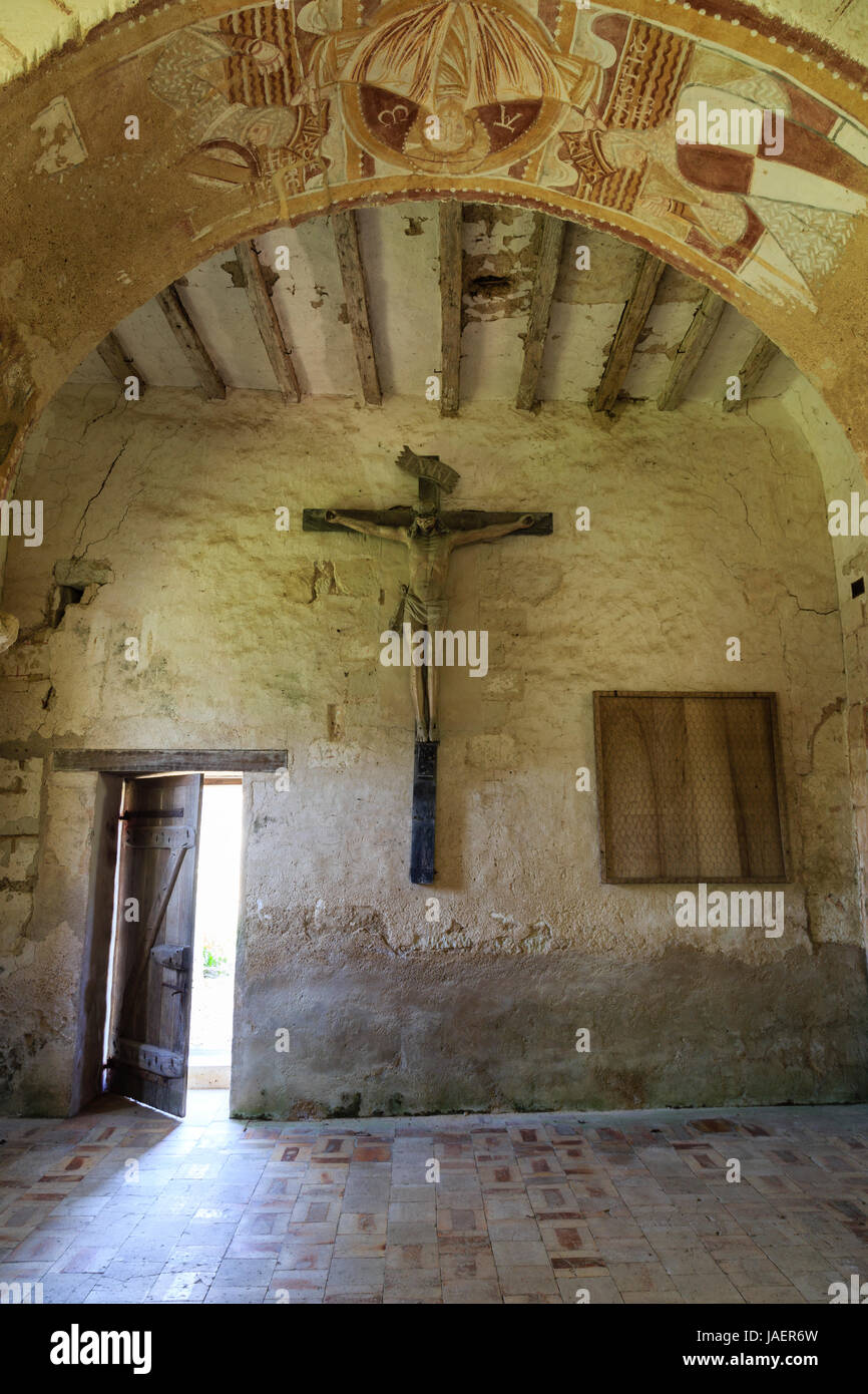France, Loir et Cher, Montoire sur le Loir, Saint Gilles chapel, frescoes and crucifix Stock Photo