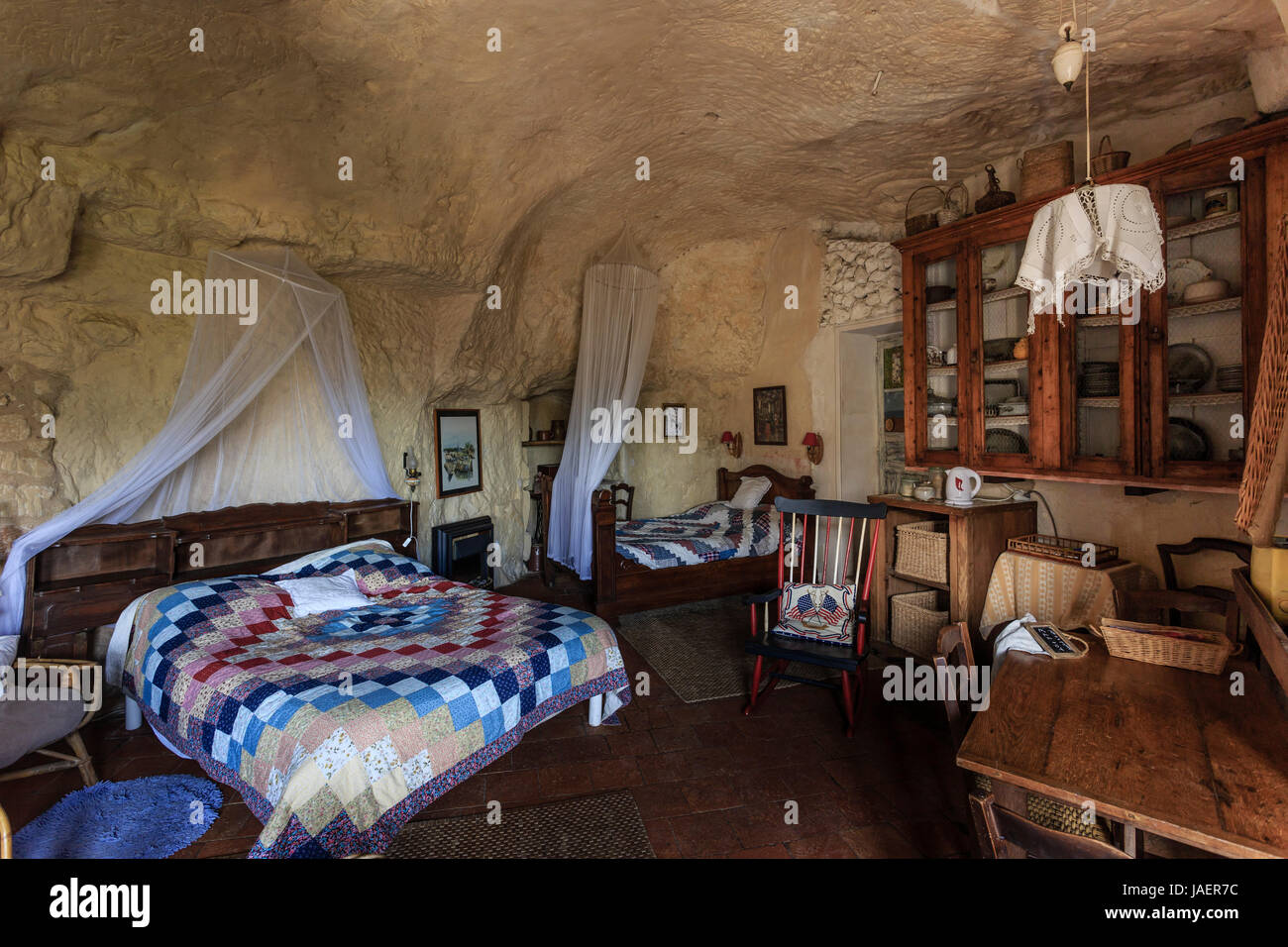 France, Loir et Cher, troo, l'Escale Saint Gabriel, cave house making guest room, the room Stock Photo