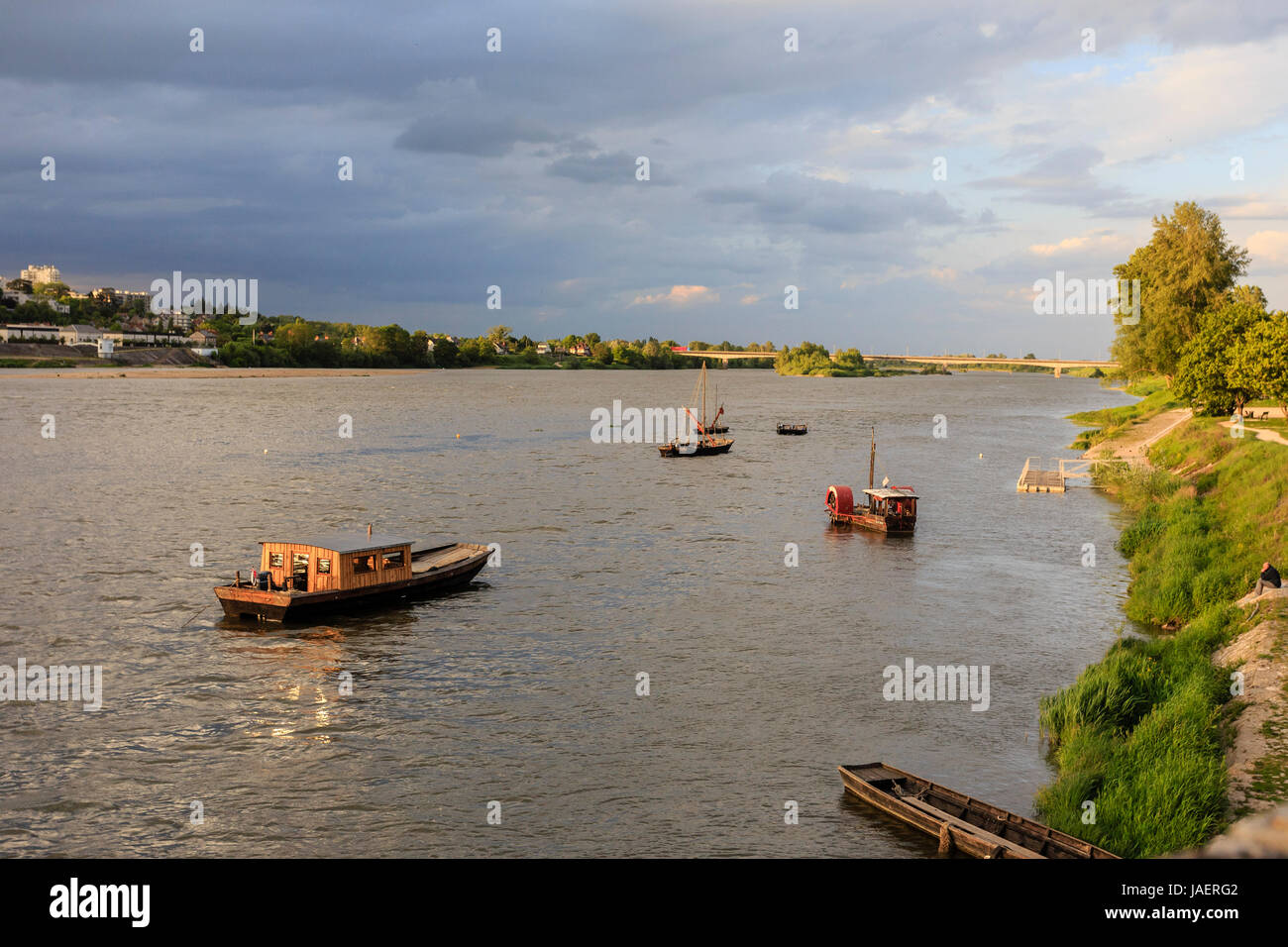 France, Loir et Cher, Blois, Loire in the evening and boats Stock Photo
