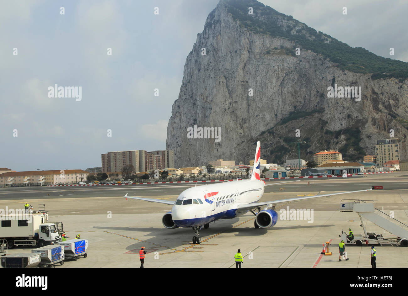 British airways plane International airport with the Rock in background, Gibraltar, southern Europe Stock Photo