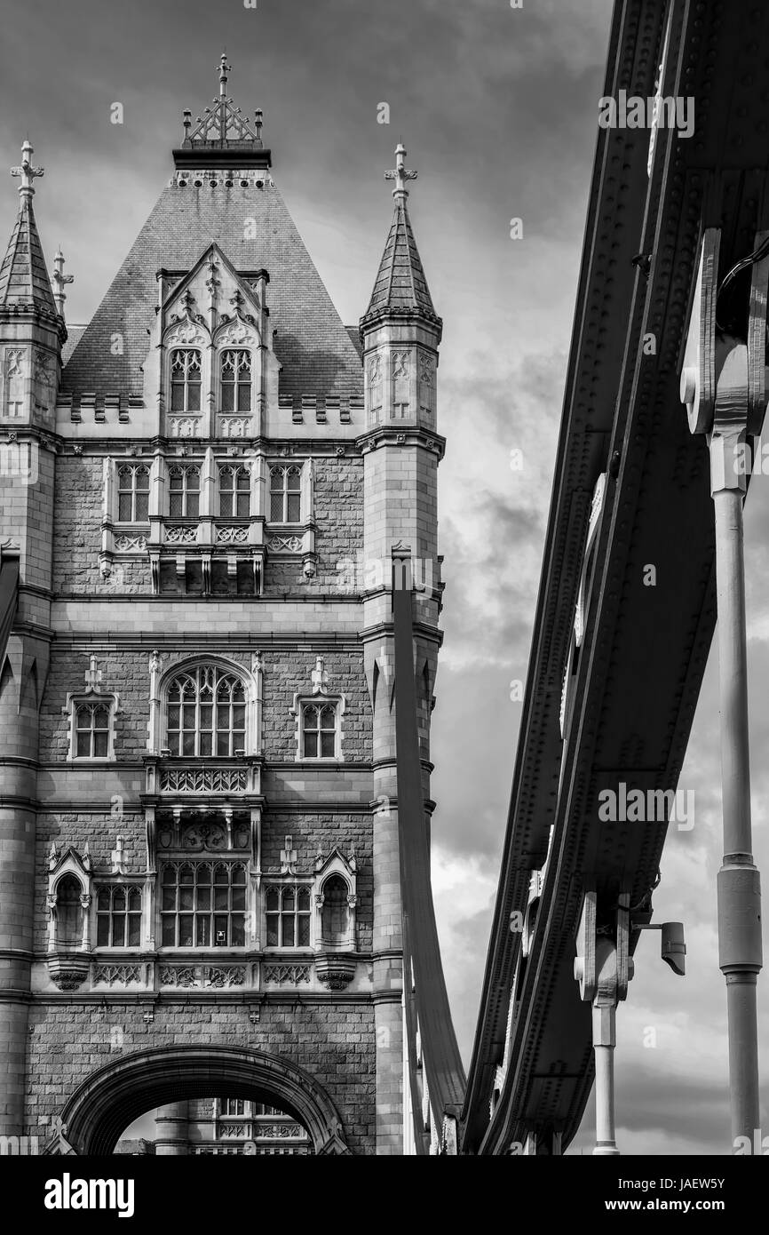 Closeup of beautiful London Tower Bridge on the River Thames in Black and White Stock Photo