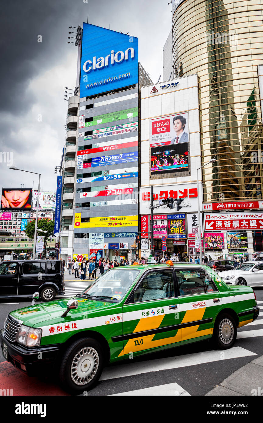 Taxi cab in Shibuya, Tokyo, Japan Stock Photo