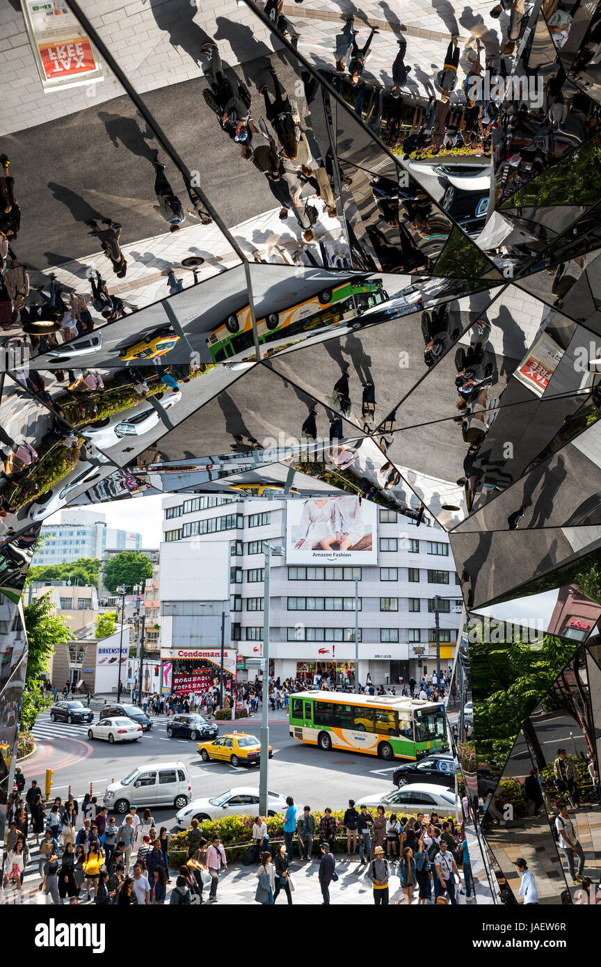 Reflection of street scene in Harajuku, Tokyo, Japan. Stock Photo