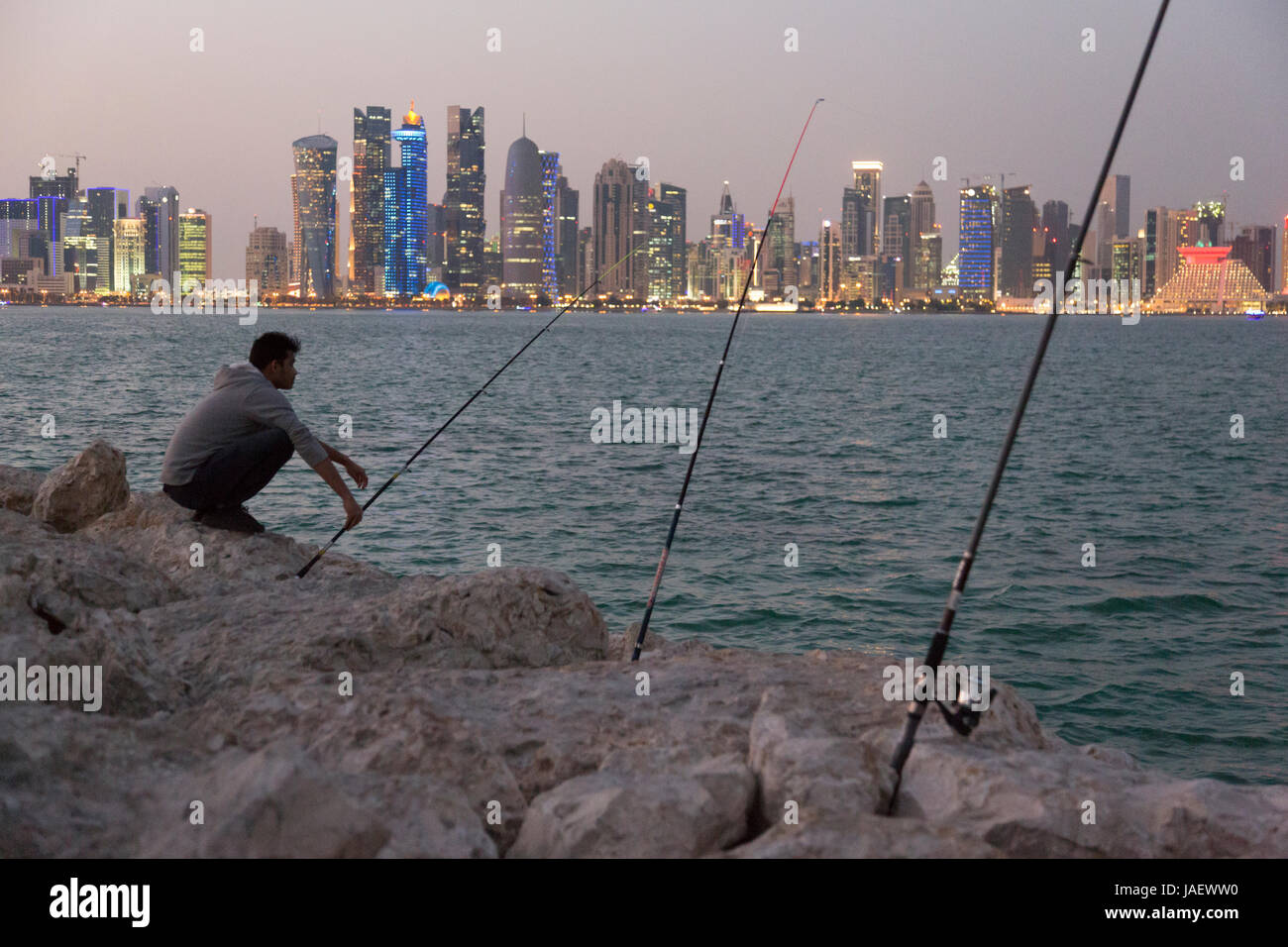 Rod and line fishing in the bay of Doha, Qatar Stock Photo