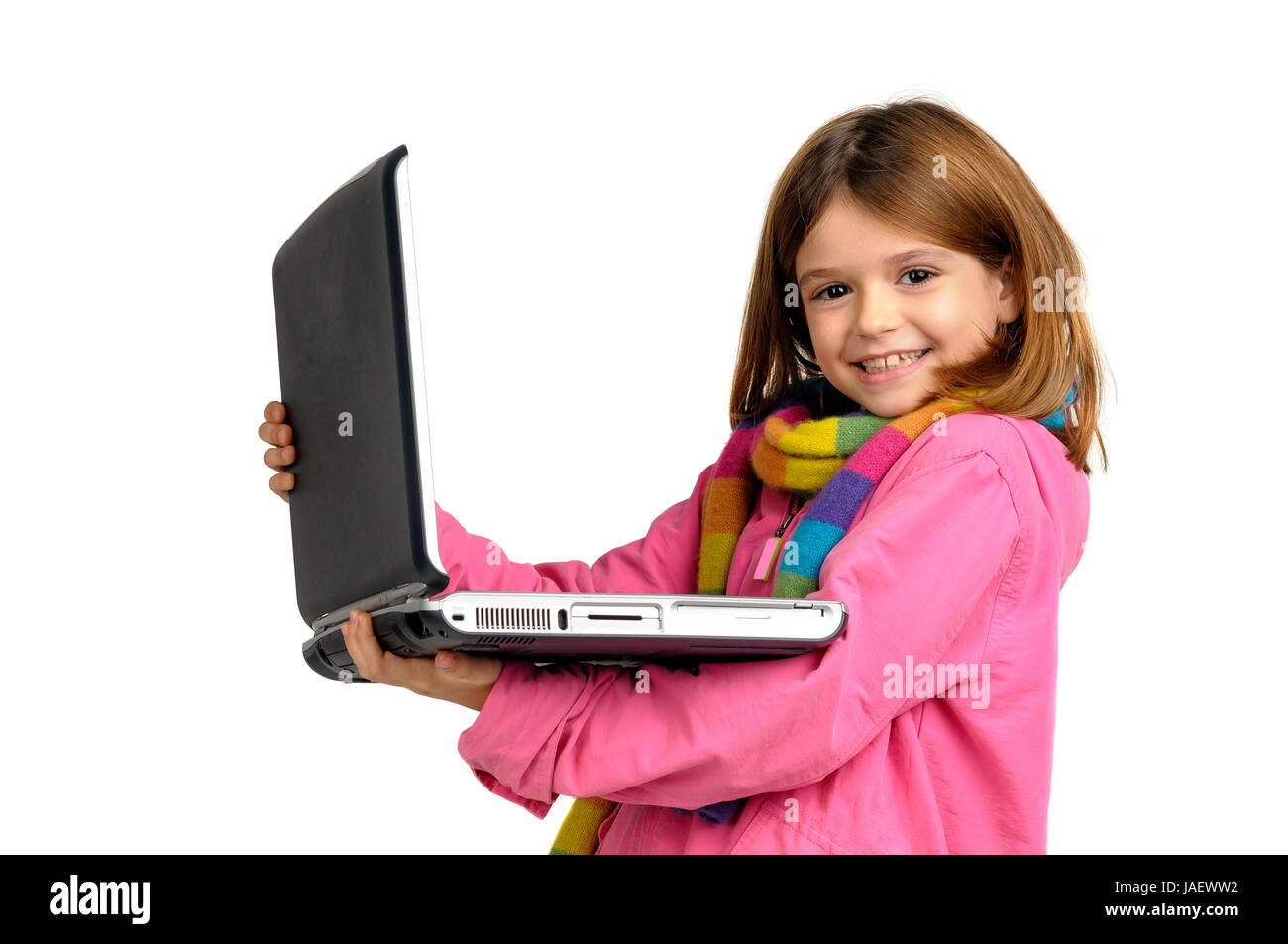 Young girl posing with laptop isolated in white Stock Photo - Alamy