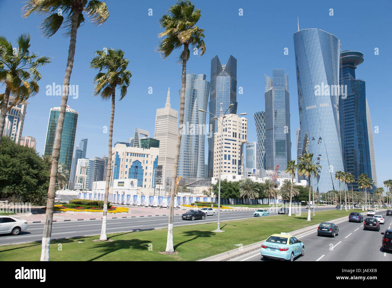 Al Corniche Street and the high rise business district of West Bay, Doha, Qatar. Stock Photo