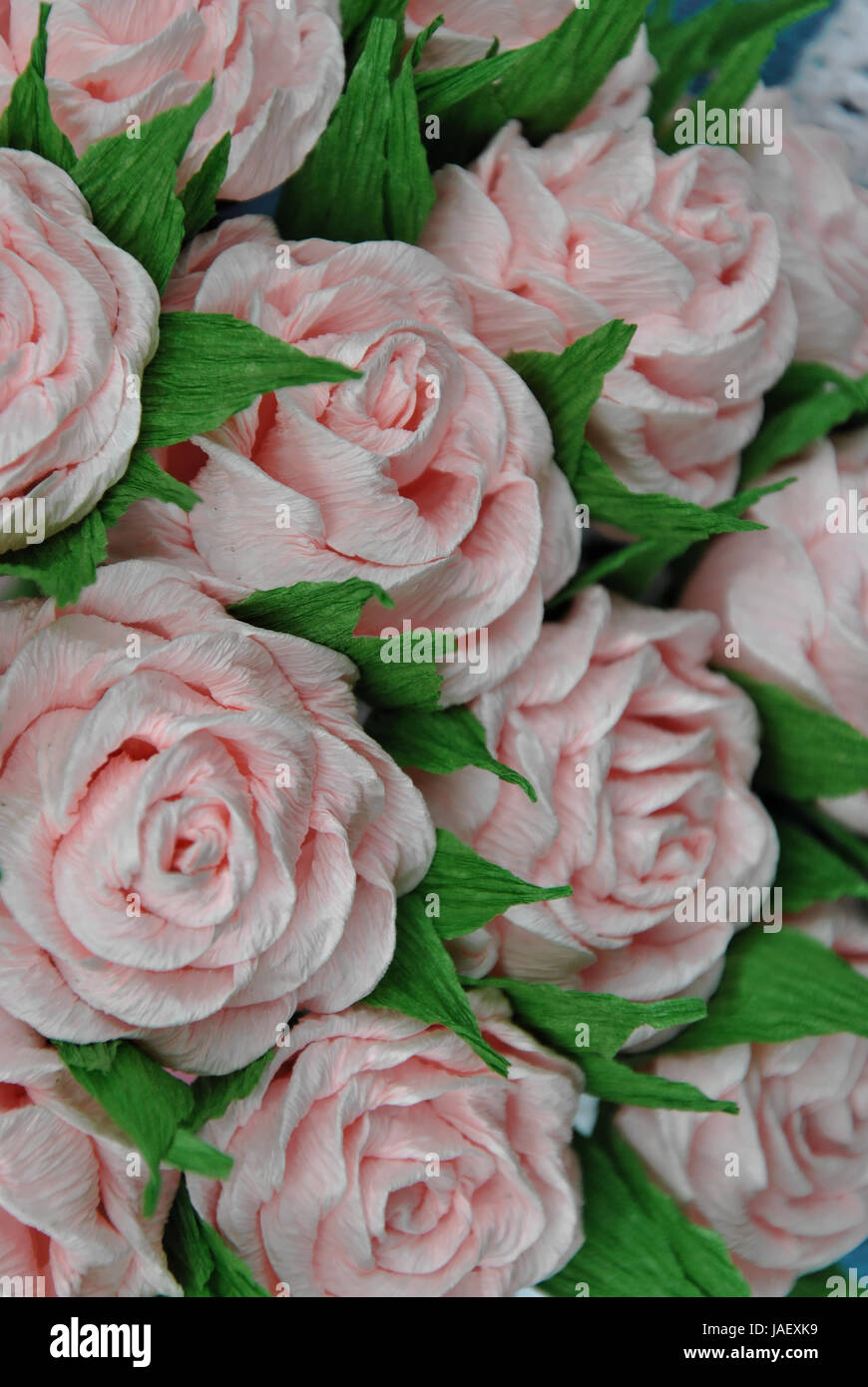 A close up photograph of handmade tissue paper rose bouquet Stock Photo