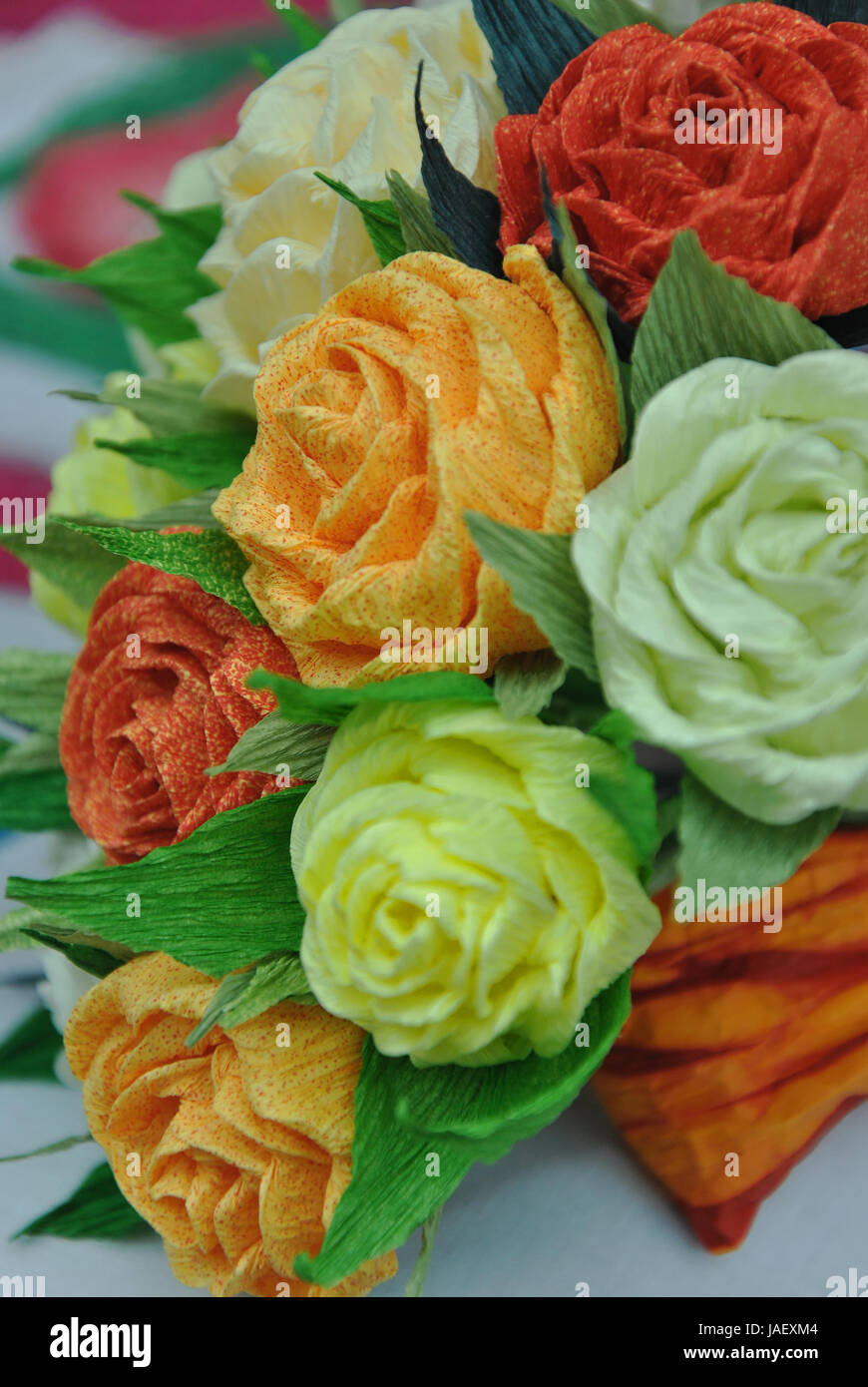 A close up photograph of handmade tissue paper rose bouquet Stock Photo