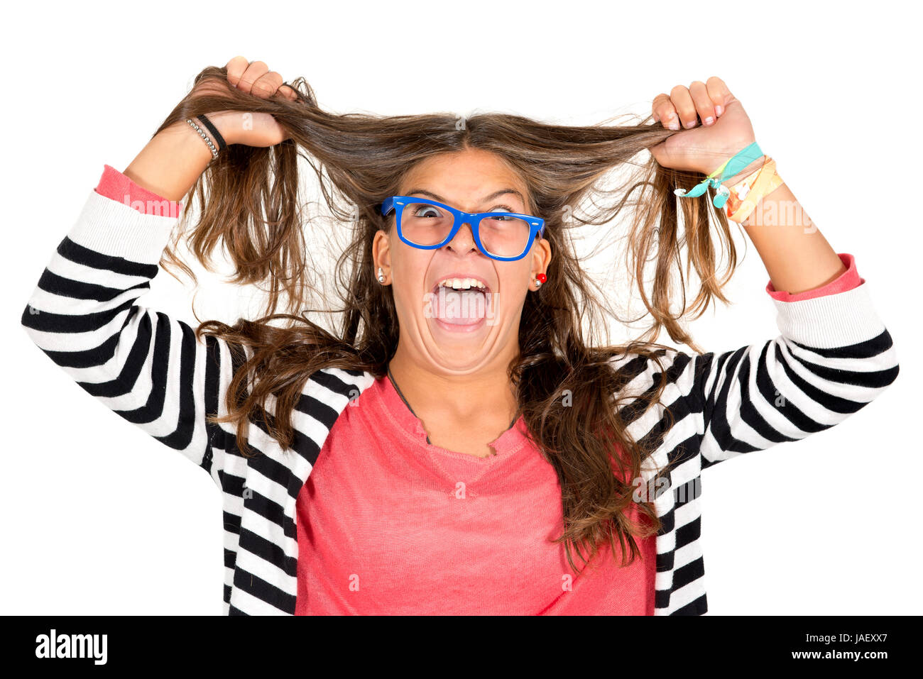 Teen girl pulling her hair Stock Photo Alamy