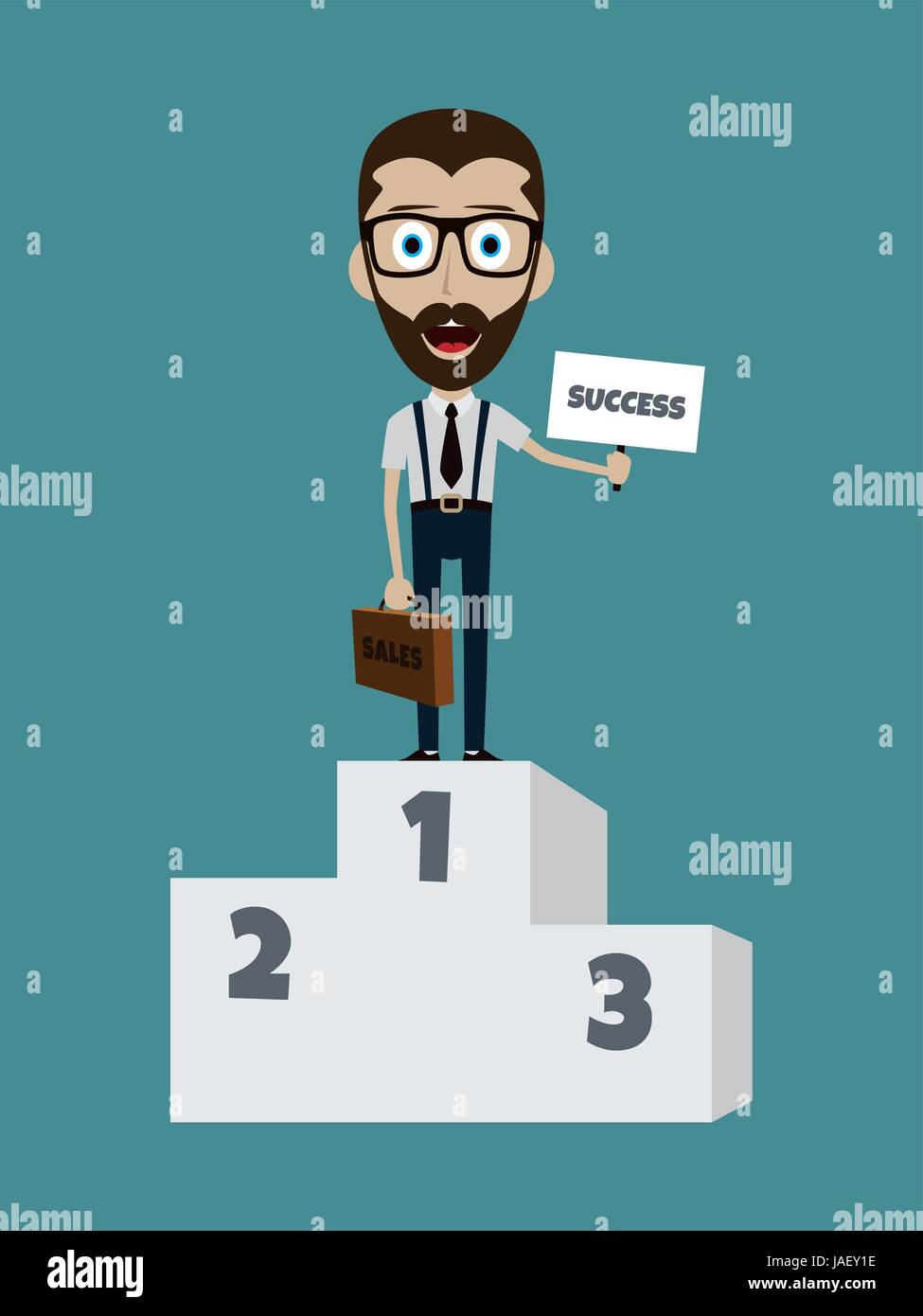 happy success businessman on first podium with briefcase and sign Stock Vector