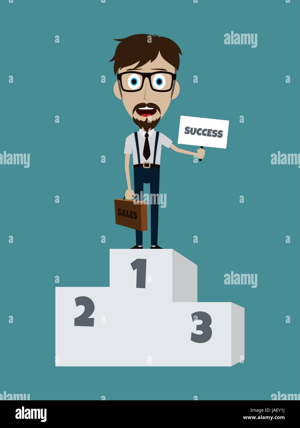 happy success businessman on first podium with briefcase and sign Stock Vector