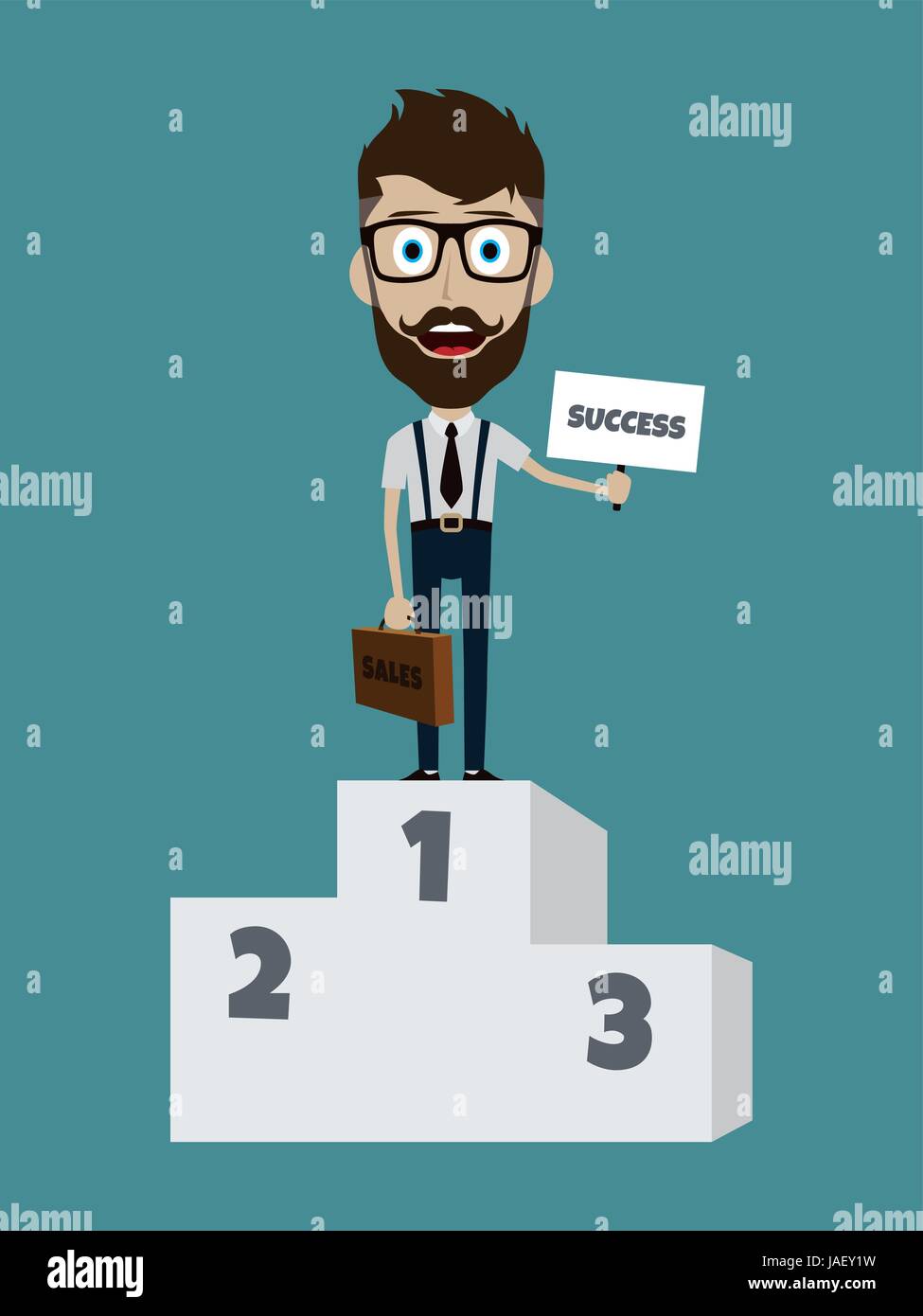 happy success businessman on first podium with briefcase and sign Stock Vector