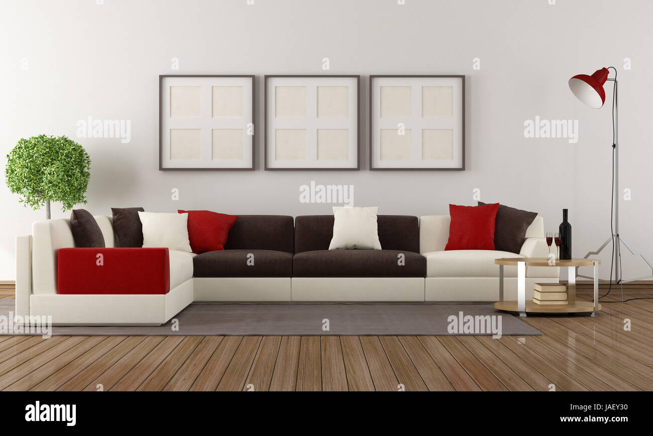 Corner sofa with colorful pillows in a modern living room Stock Photo