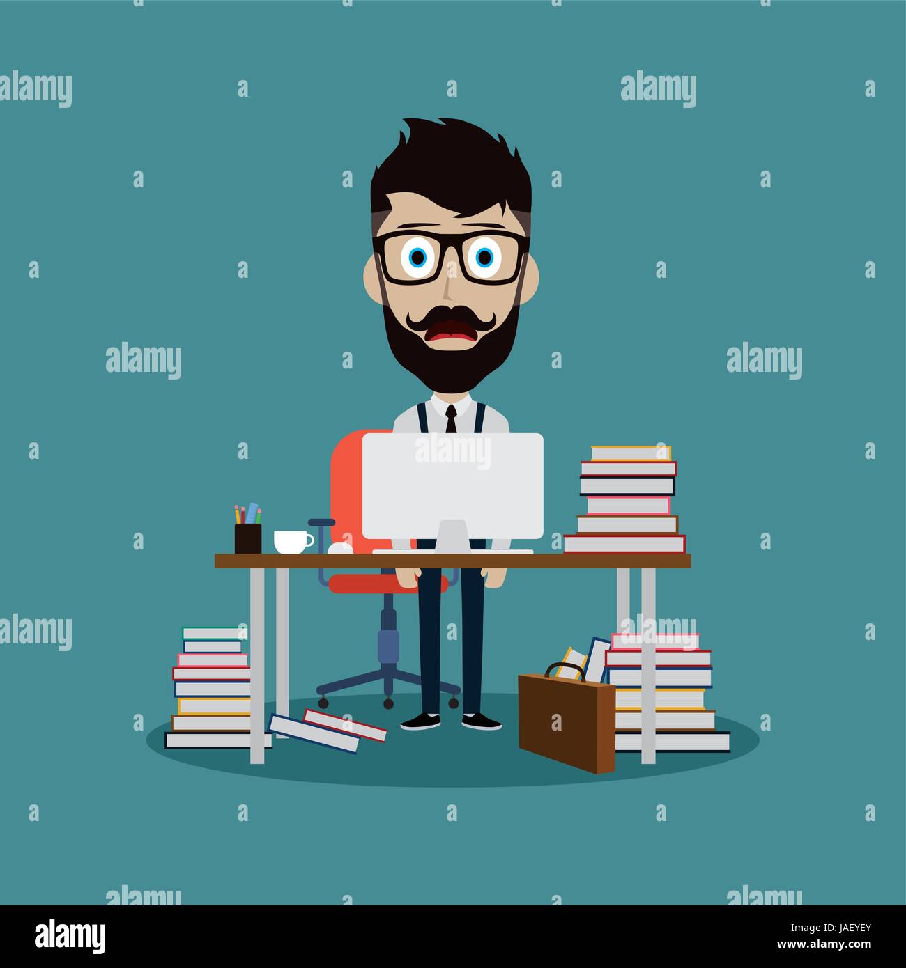 stressful businessman working behind office desk vector art Stock ...