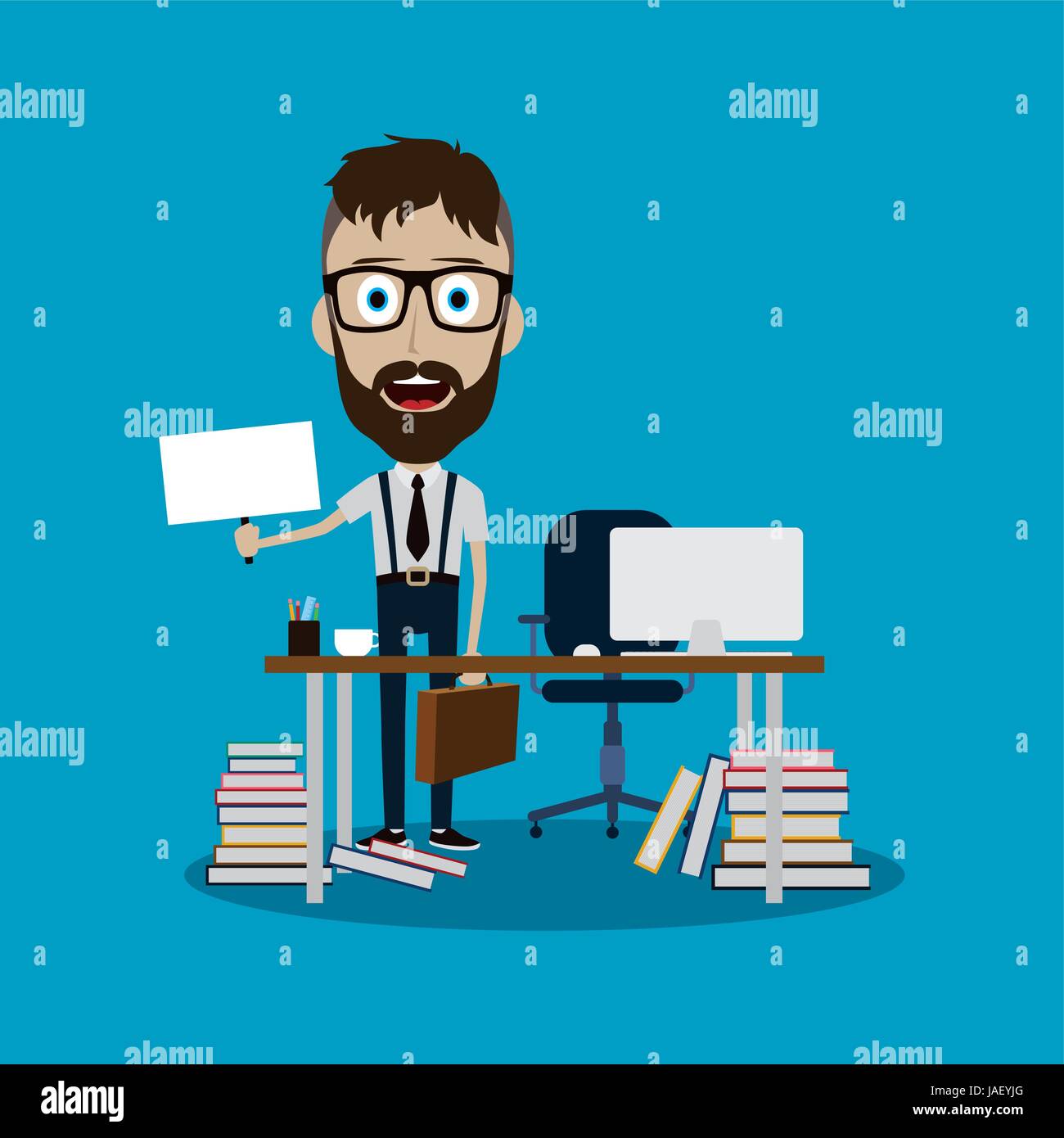 businessman working behind office desk holding blank sign vector art ...