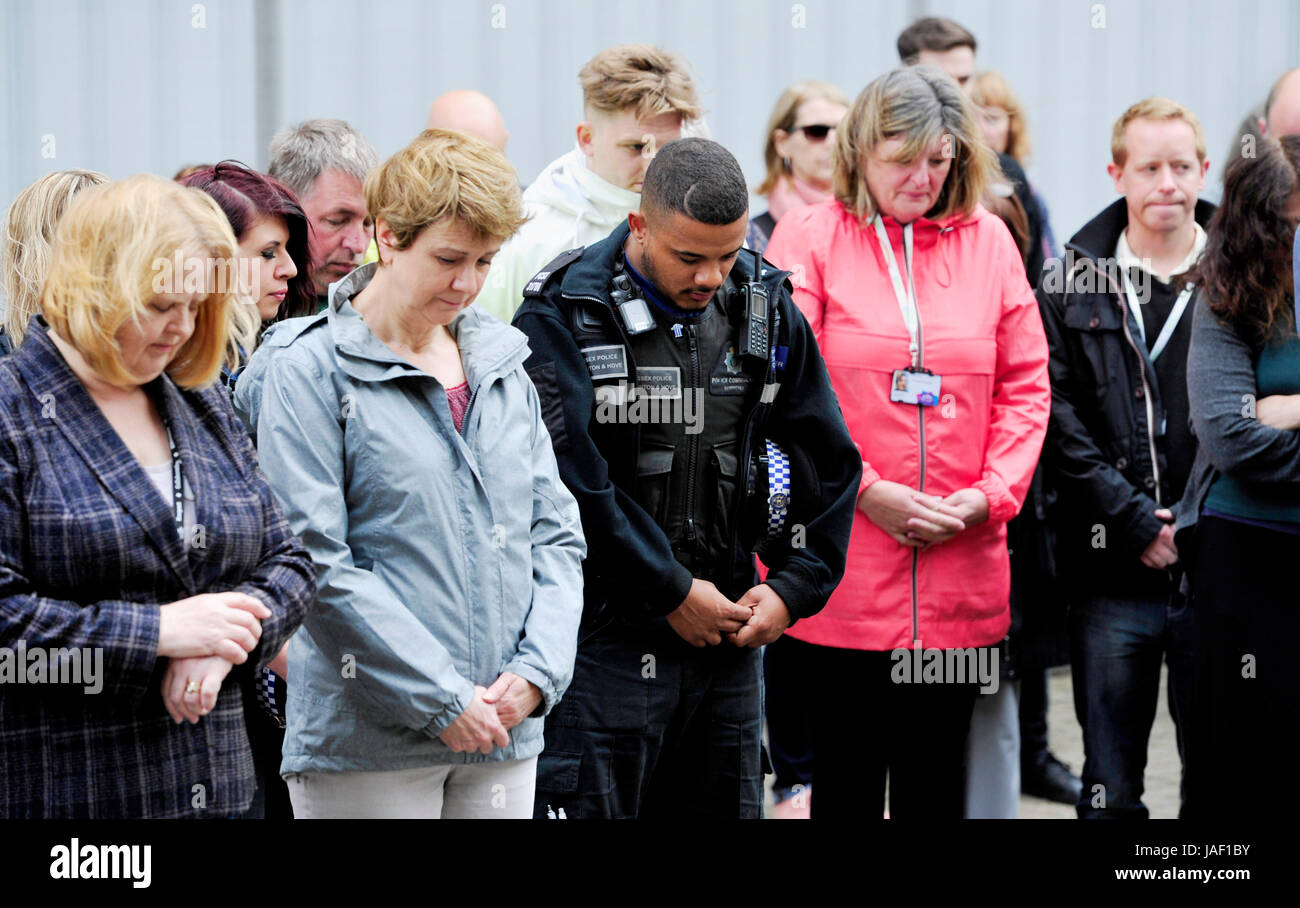 Brighton, UK. 6th June, 2017. Staff from Brighton Town Hall and members of the public join in a minutes silence today in memory of those who died in the terrorist attack in London last weekend Credit: Simon Dack/Alamy Live News Stock Photo