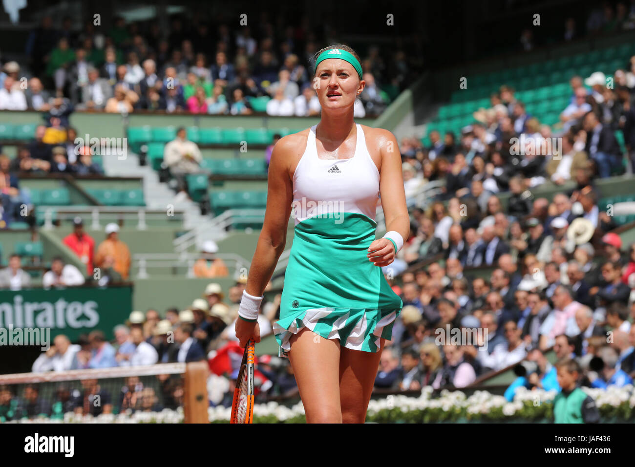 Paris, France. 06th June, 2017. French tennis player Kristina Mladenovic is  in action during her match in the 1/4 final of the WTA French Open in Roland  Garros vs Swiss tennis player