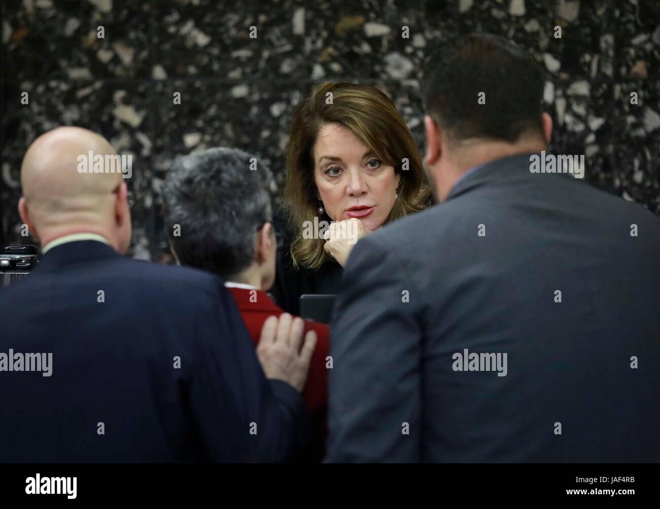 June 6, 2017 - Florida, U.S. - Judge Krista Marx speaks to Donna Horwitz (center) and attorneys Grey Tesh (left) and Joe Walsh (right) in court Tuesday, June 6, 2017. (Credit Image: © Bruce R. Bennett/The Palm Beach Post via ZUMA Wire) Stock Photo