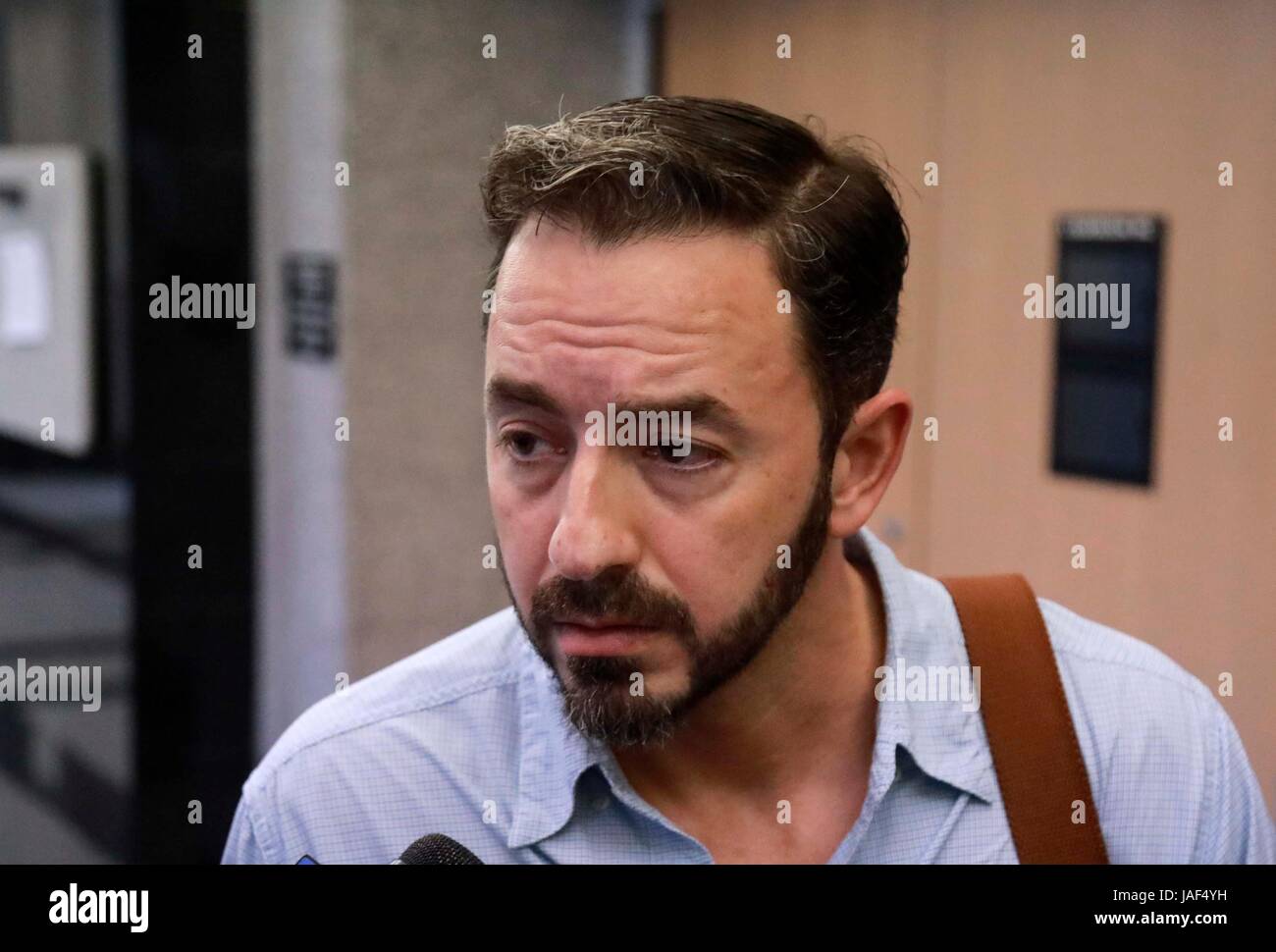 Florida, USA. 6th June, 2017. Radley Horwitz speaks with members of the media after his mother Donna Horwitz was found guilty of second-degree murder for the 2011 shooting death of her ex-husband, Lanny, Tuesday, June 6, 2017. Credit: Bruce R. Bennett/The Palm Beach Post/ZUMA Wire/Alamy Live News Stock Photo