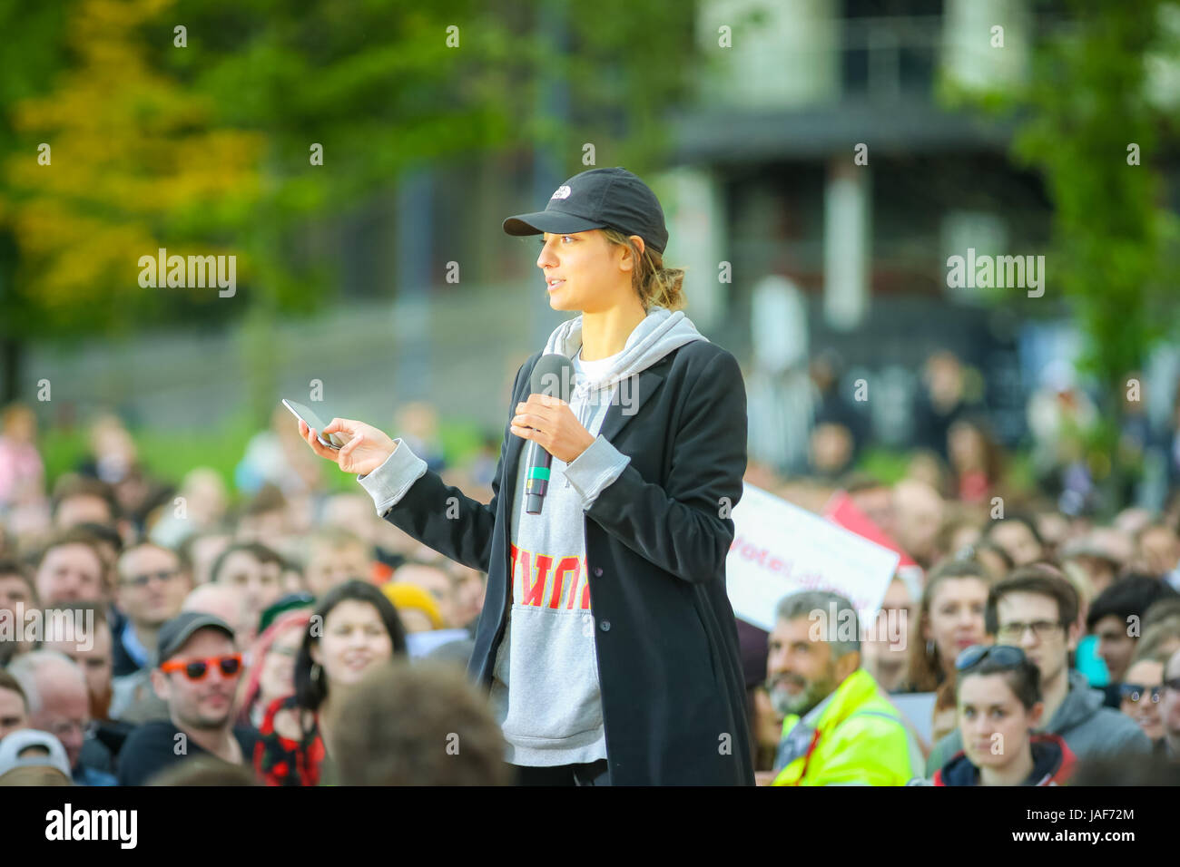 Birmingham UK. Tuesday 6th June 2017. Saffiyah Khan addresses the rally in support of the Labour Party. Ms Khan became famous for facing up to an English Defence League demonstration earlier this year. Credit: Peter Lopeman/Alamy Live News Stock Photo