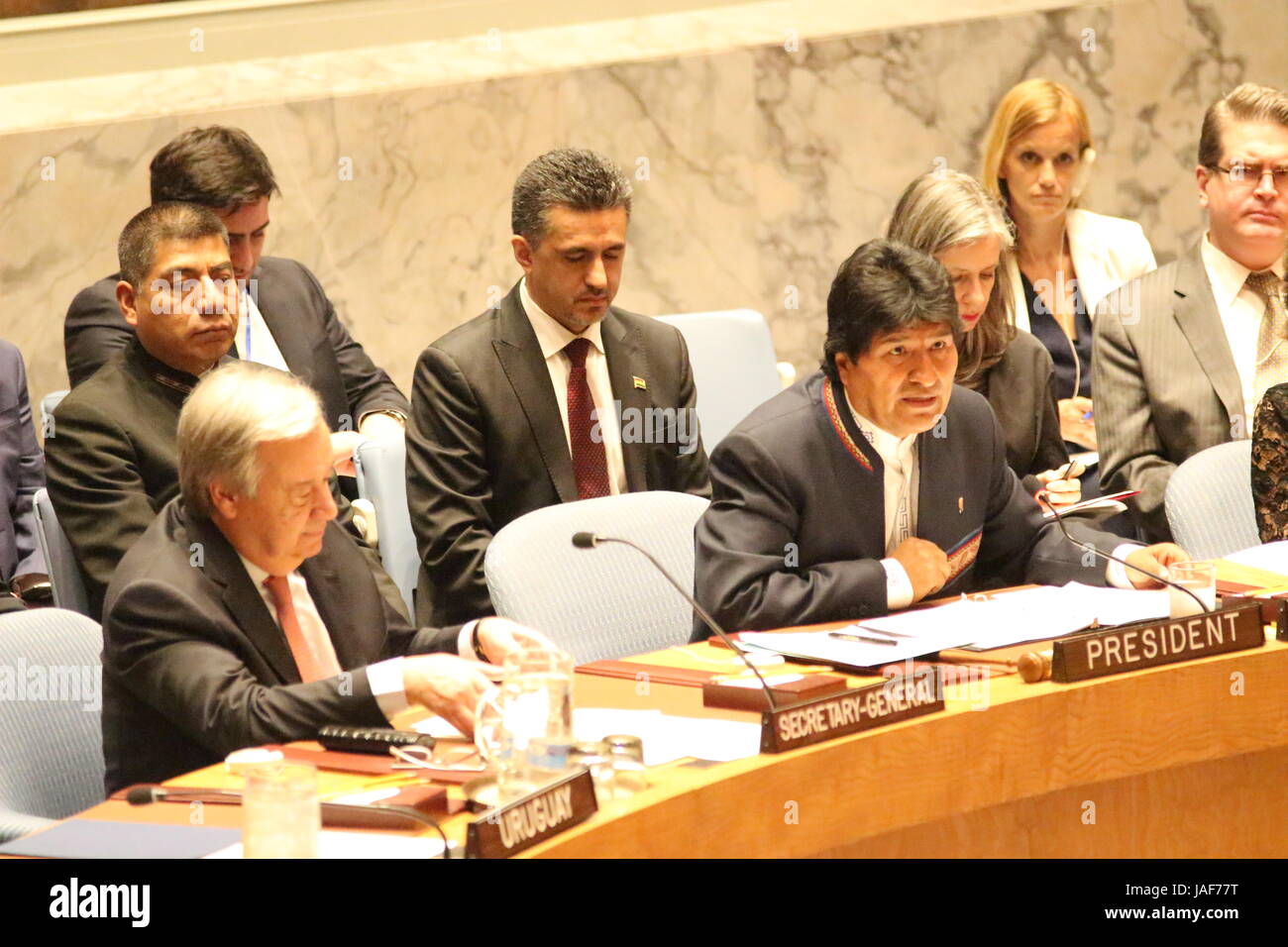 UN, New York, USA. 6th June, 2017. At UN in NY, Bolivia's President Evo Morales Ayma addresses UN Security Council debate on “Preventive diplomacy and transboundary waters,” with UN Secreary General Antonio Guterres Credit: Matthew Russell Lee/Alamy Live News Stock Photo