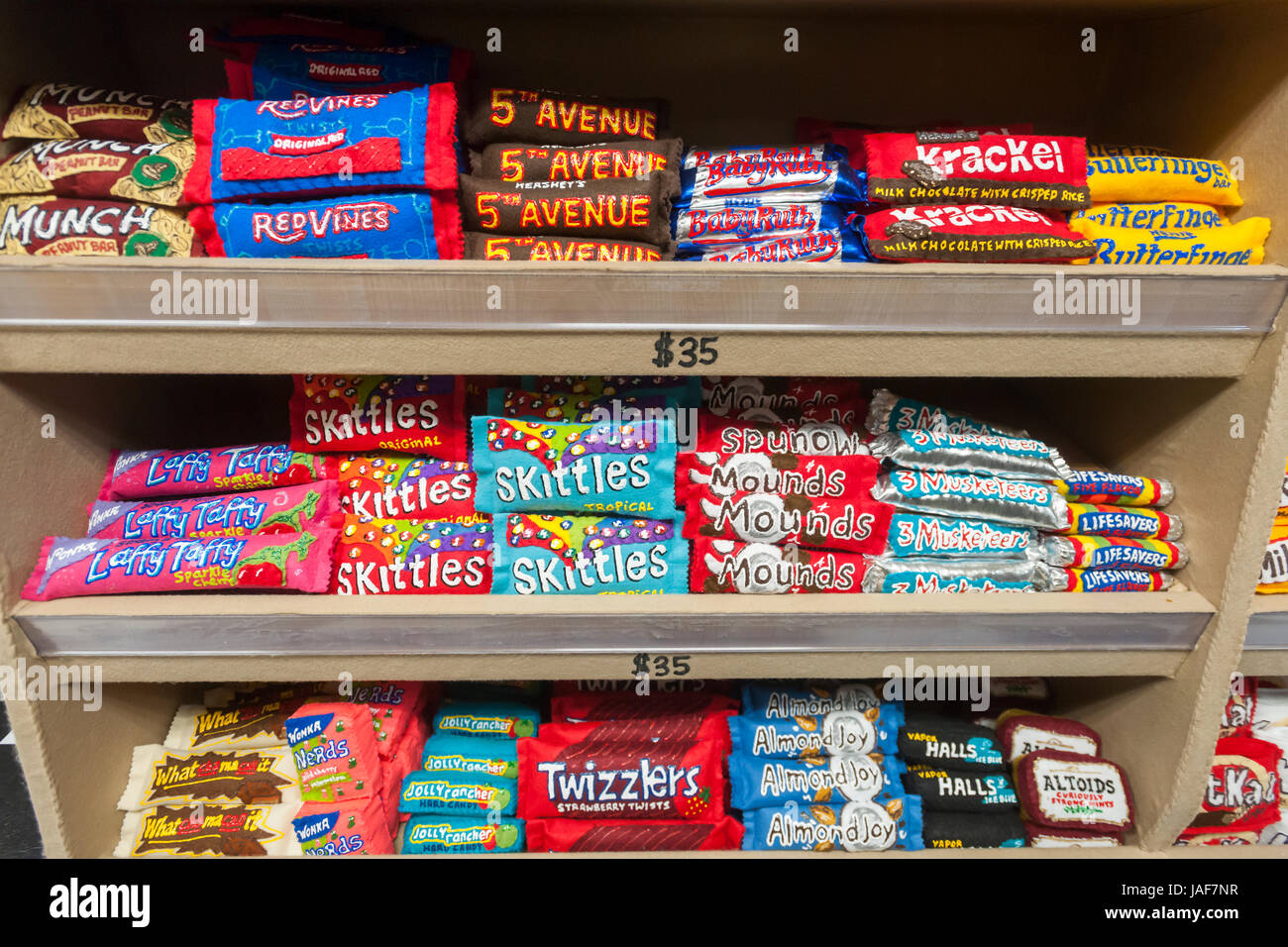 Felt candy bars in UK artist Lucy Sparrow's bodega installation, "8 'till Late", stocked
