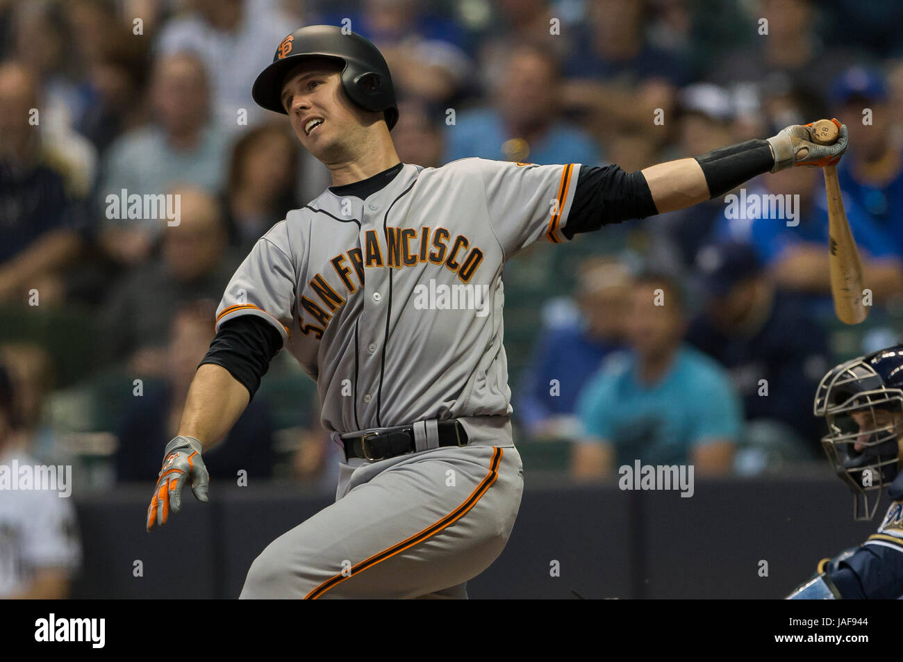 Milwaukee, WI, USA. 6th June, 2017. San Francisco Giants catcher Buster Posey #28 reacts after missing on the pitch in the Major League Baseball game between the Milwaukee Brewers and the San Francisco Giants at Miller Park in Milwaukee, WI. John Fisher/CSM/Alamy Live News Stock Photo