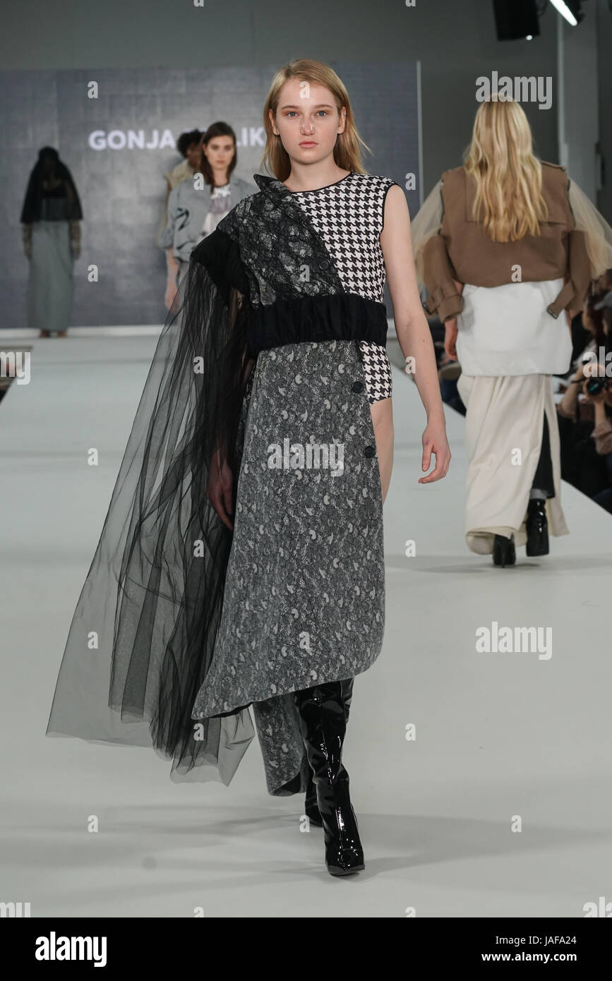 London, England, UK. 6th June, 2017. Ravensbourne University Graduate student Gonja showcases her latest collection at the Graduate Fashion Week 2017 Day 2 at The Old Truman Brewery. by Credit: See Li/Alamy Live News Stock Photo