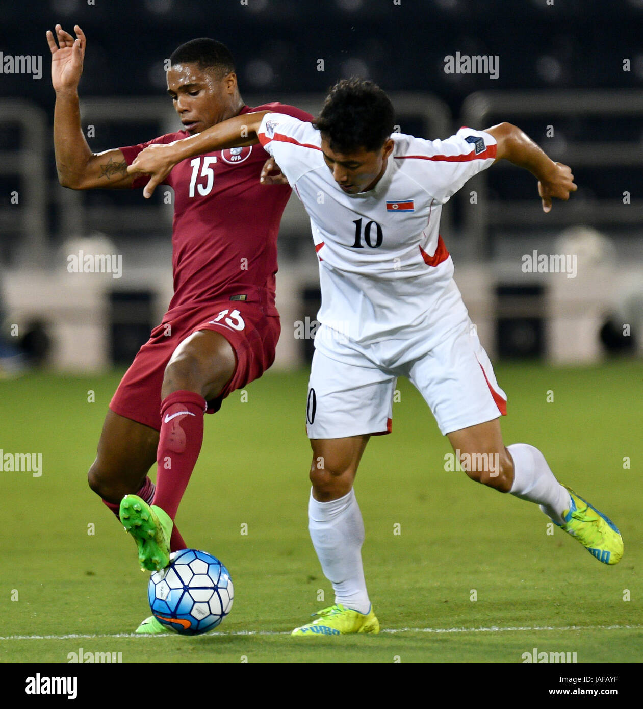 Doha Qatar 6th June 17 Pedro Miguel Ro Ro L Of Qatar Vies With Ju Jong Chol Of Dprk During A Friendly Soccer Match Between Qatar And The Democratic People S Republic Of Korea