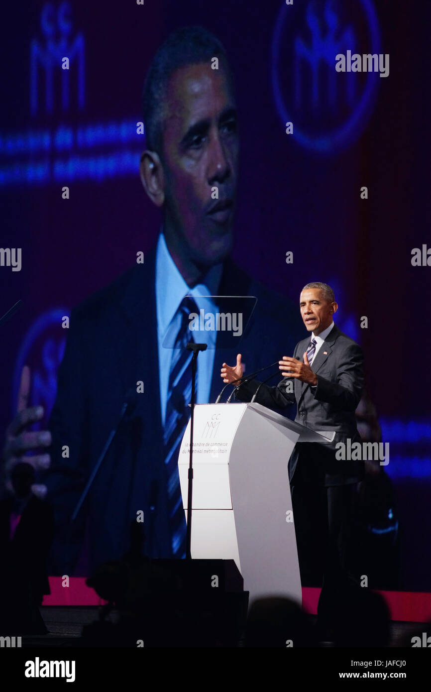 Former US President Barack Obama speaking to members of the Board of Trade of Montreal Stock Photo