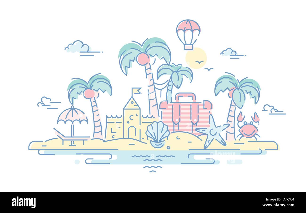 At the Seaside - vector line travel illustration Stock Vector