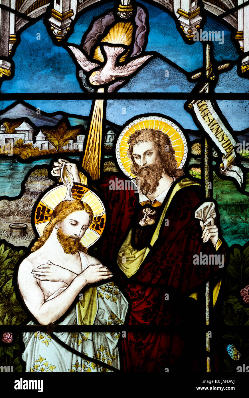 Baptism of Christ stained glass, Holy Trinity Church, Deanshanger, Northamptonshire, England, UK Stock Photo