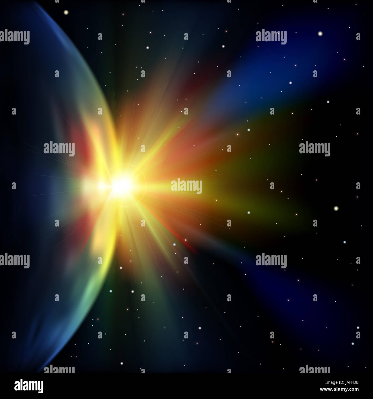 abstract space illustration with earth stars and sunrise Stock Photo ...