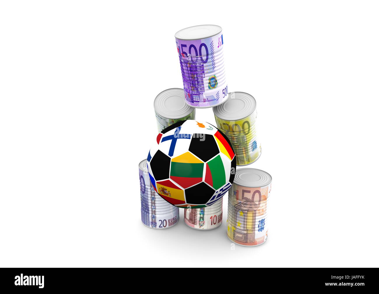 pyramid of cans with euro texture and a aoccer Stock Photo