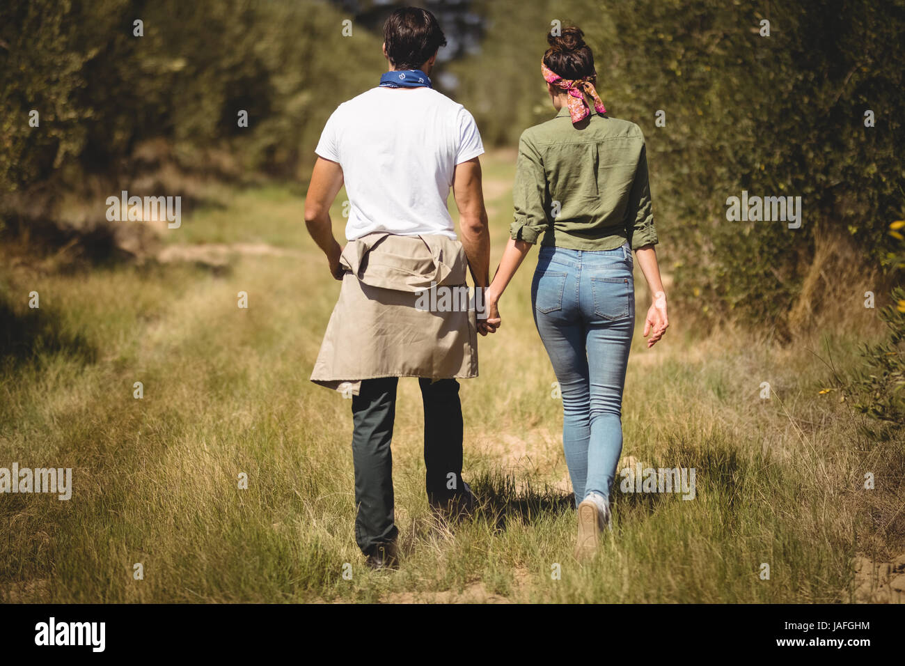 Rear view of couple holding hands while walking at olive farm Stock ...