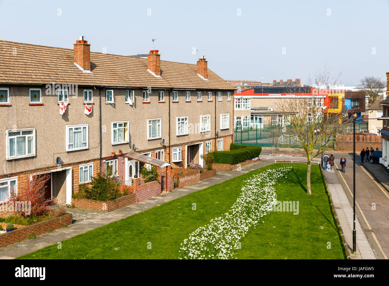 Forecourt of a council housing block in the UK Stock Photo