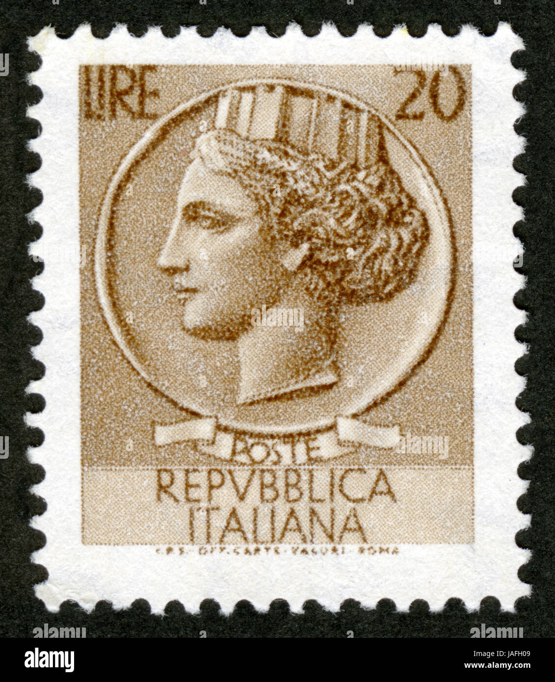ITALY - CIRCA 1968: A stamp printed in Italy, is shown Italia Turrita after Syracusean Coin, circa 1968 Stock Photo