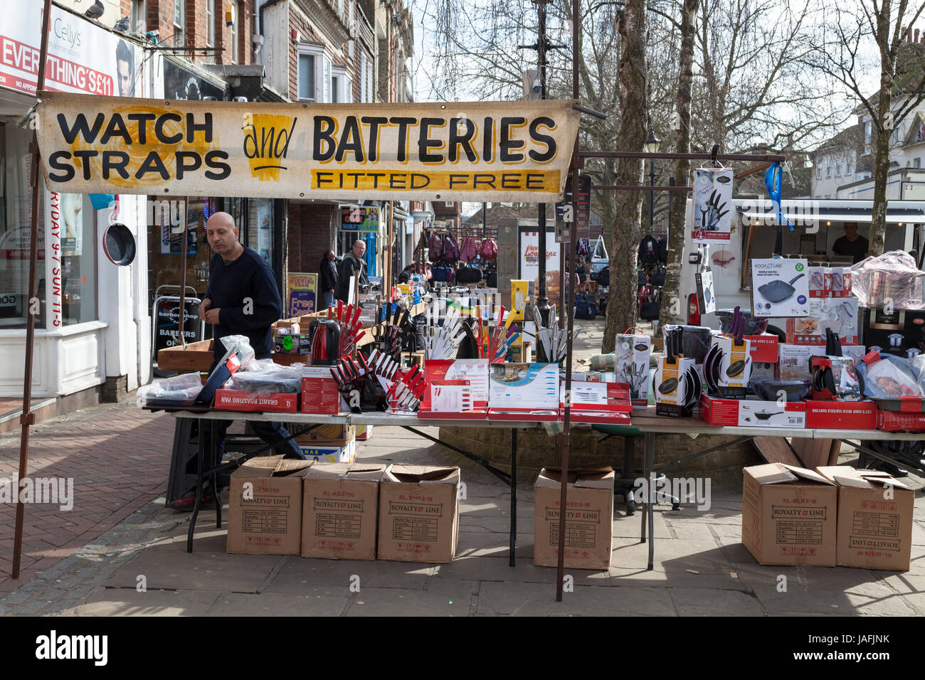 Market trader in Ashford town centre. Ashford, Kent Stock Photo