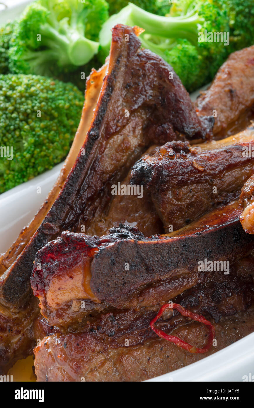 grilled ones rib with broccoli Stock Photo