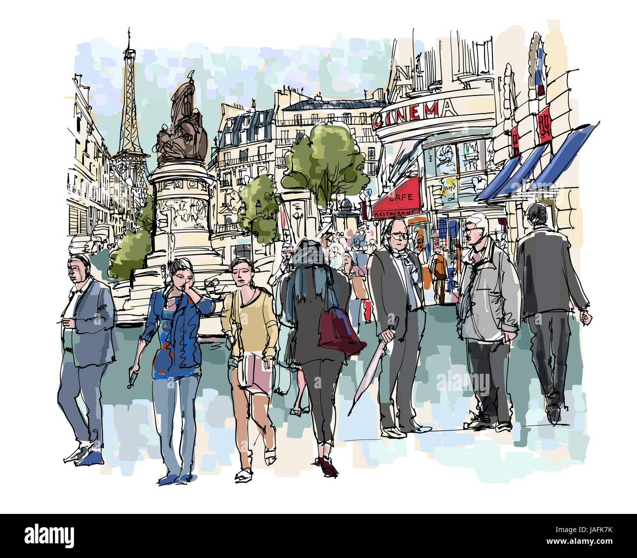 People in a street of Paris - vector illustration Stock Vector