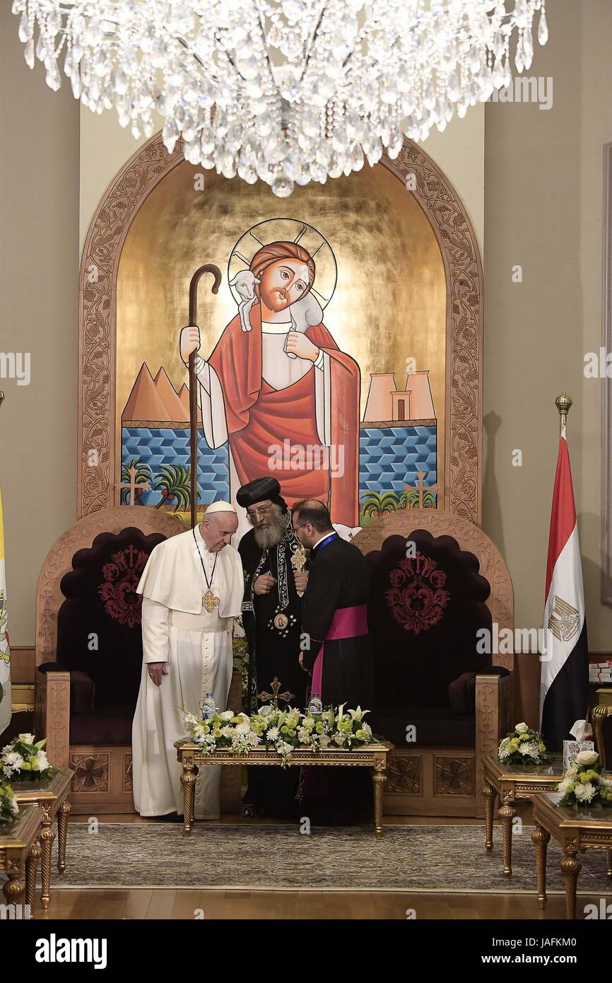Pope Francis meets with Pope Tawadros II, spiritual leader of Egypt's
