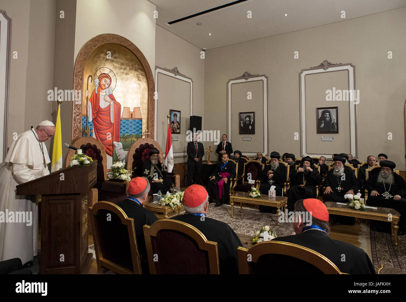 Pope Francis meets Pope Tawadros II, spiritual leader of Egypt's
