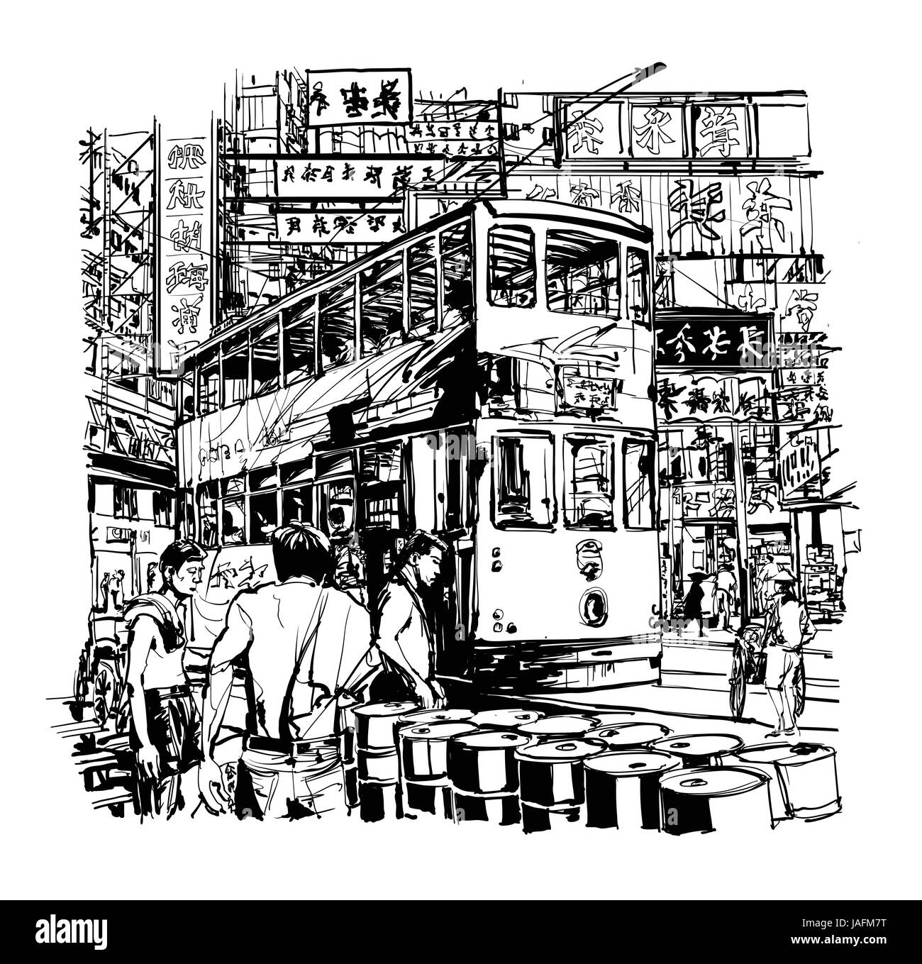 Hong Kong, tram on the street - vector illustration Stock Vector