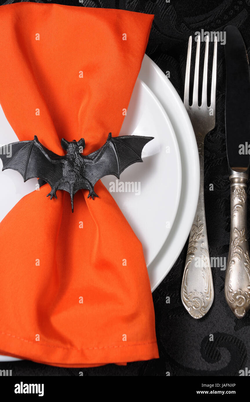The idea of how to decorate the napkin bat on Halloween Stock Photo Alamy