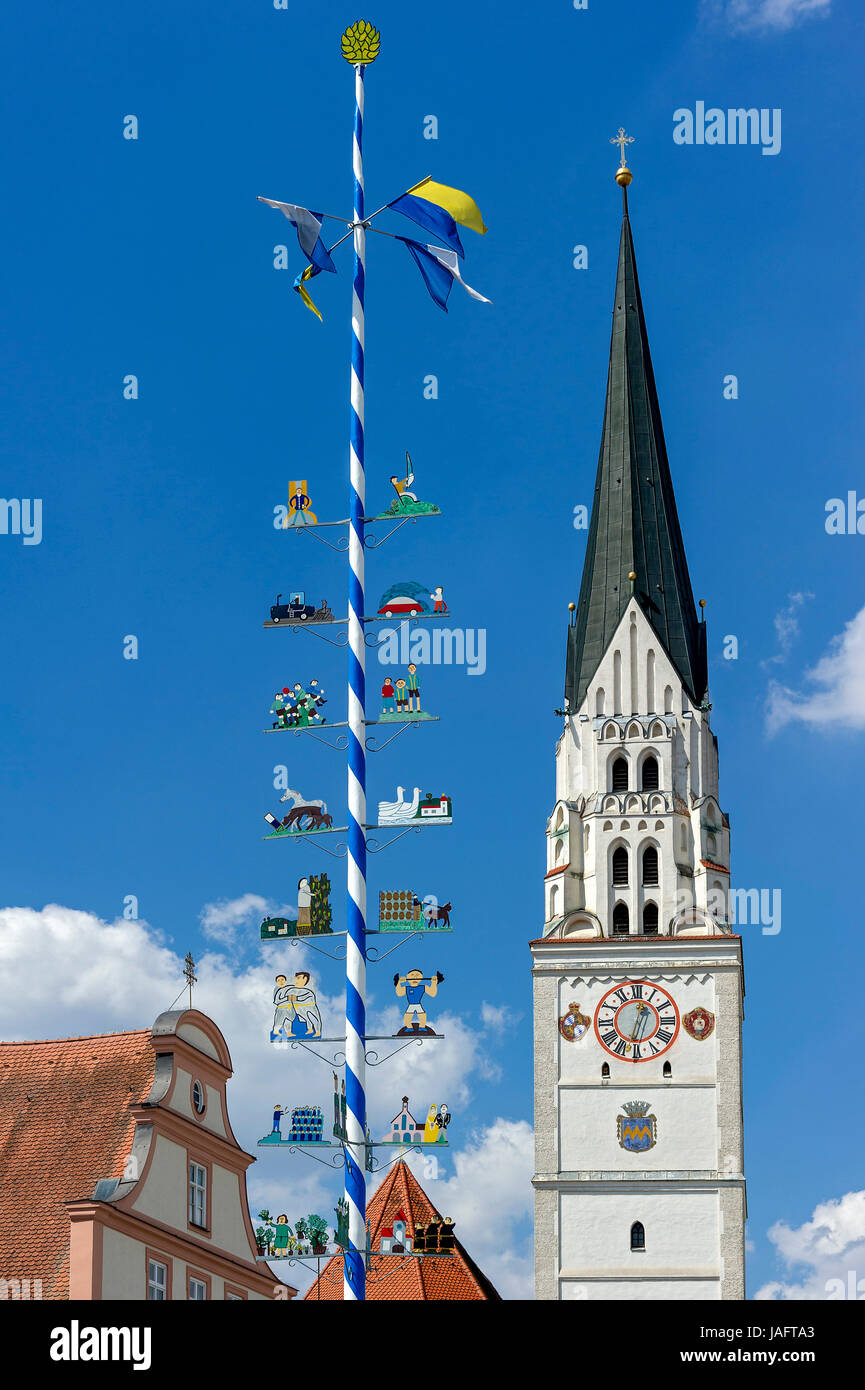 Maypole, bell tower of the parish church of St. Johannes Baptist, Pfaffenhofen, Upper Bavaria, Bavaria, Germany Stock Photo