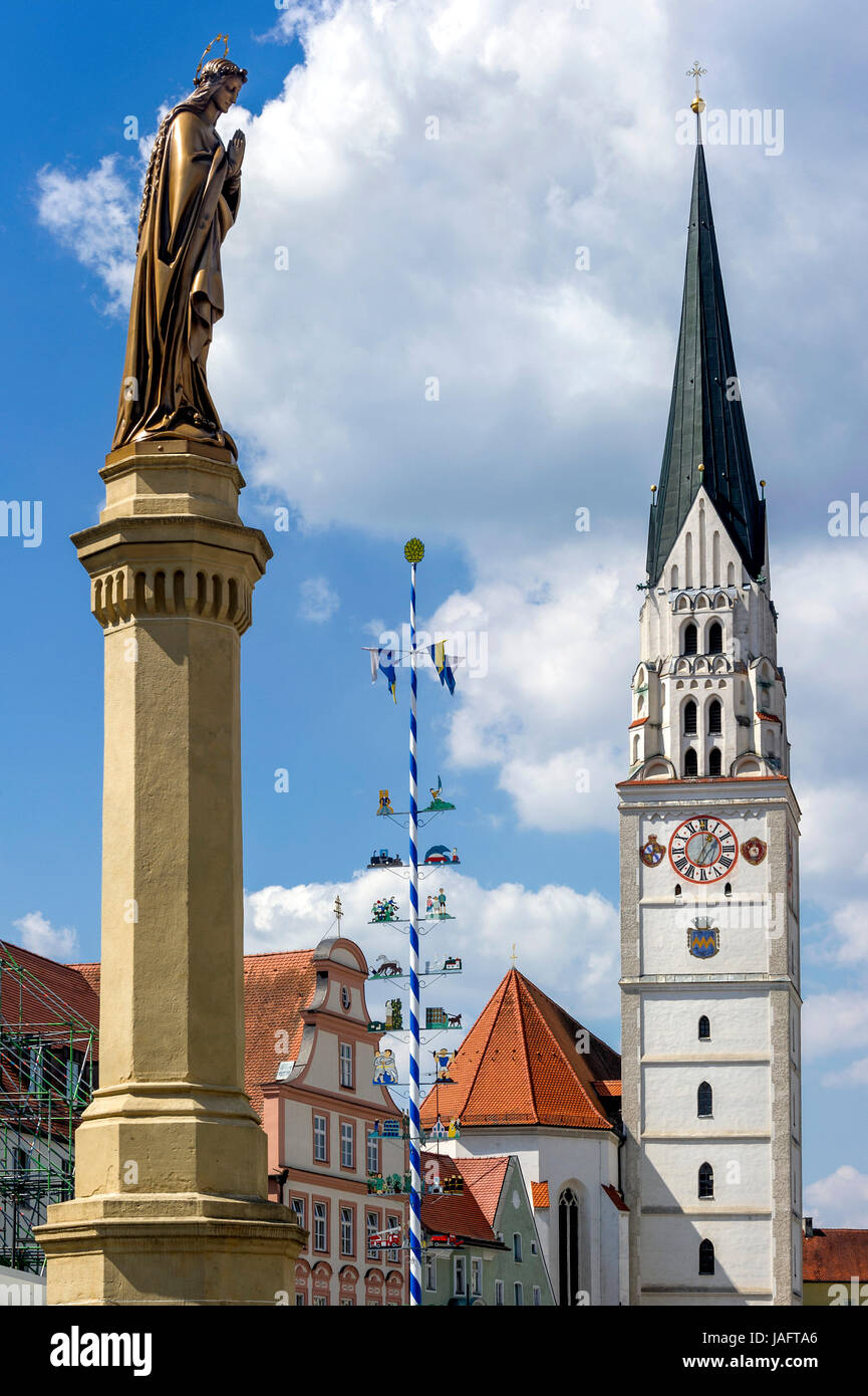 Marian column, maypole, parish church St. Johannes Baptist, Pfaffenhofen, Upper Bavaria, Bavaria, Germany Stock Photo