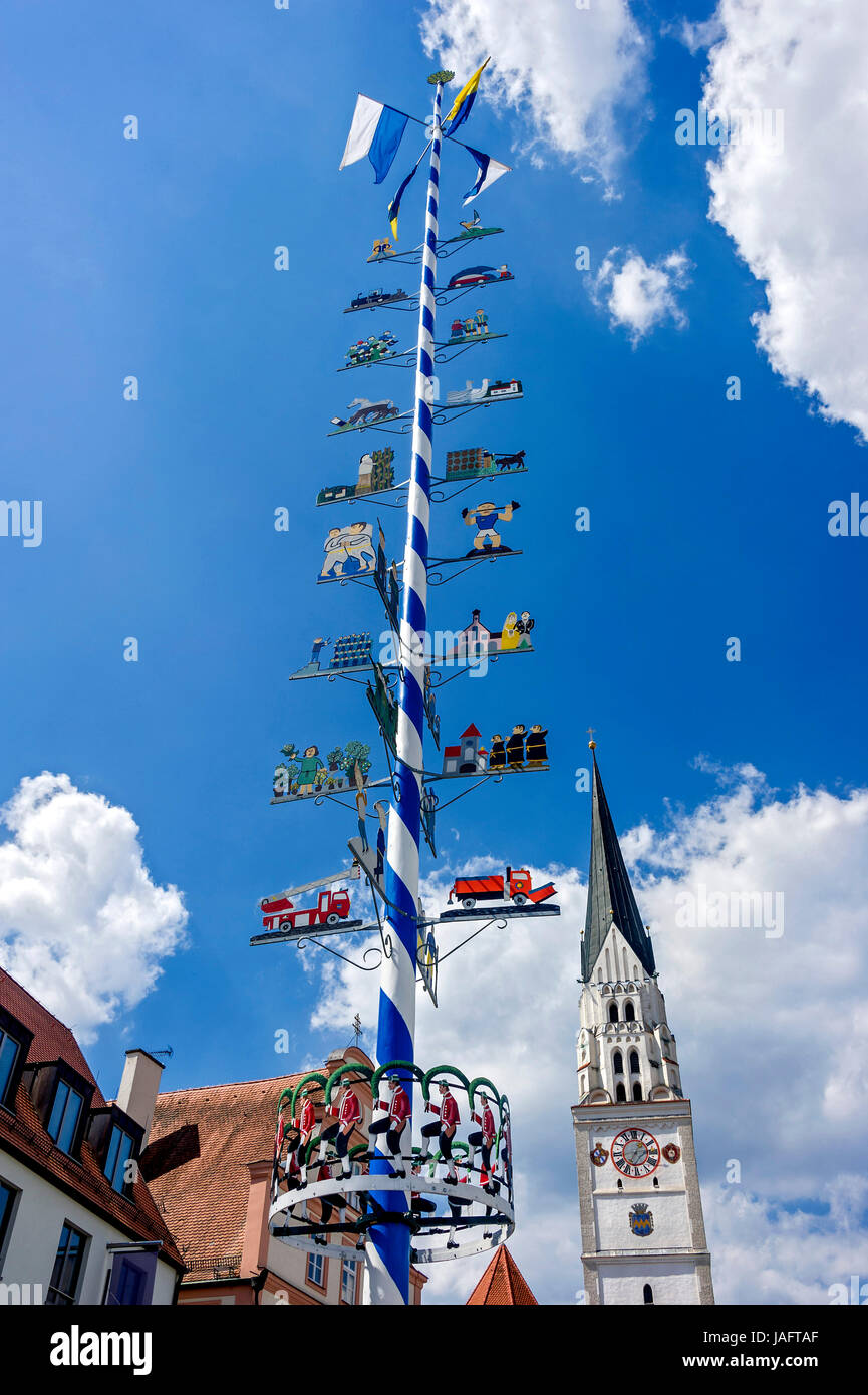 Maypole, bell tower of the parish church of St. Johannes Baptist, Pfaffenhofen, Upper Bavaria, Bavaria, Germany Stock Photo