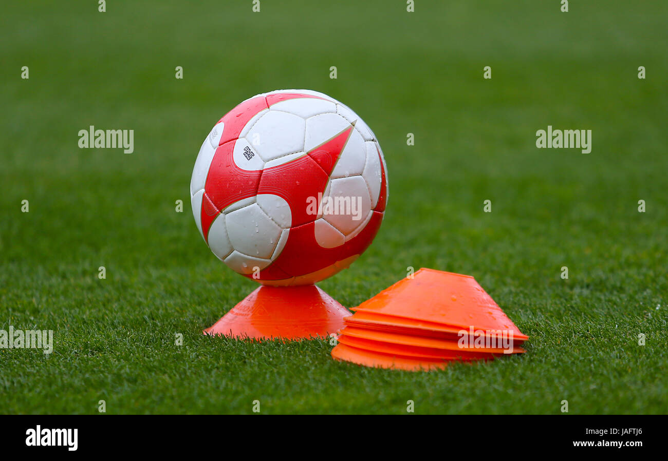 General view of a ball on the pitch prior to the match Stock Photo