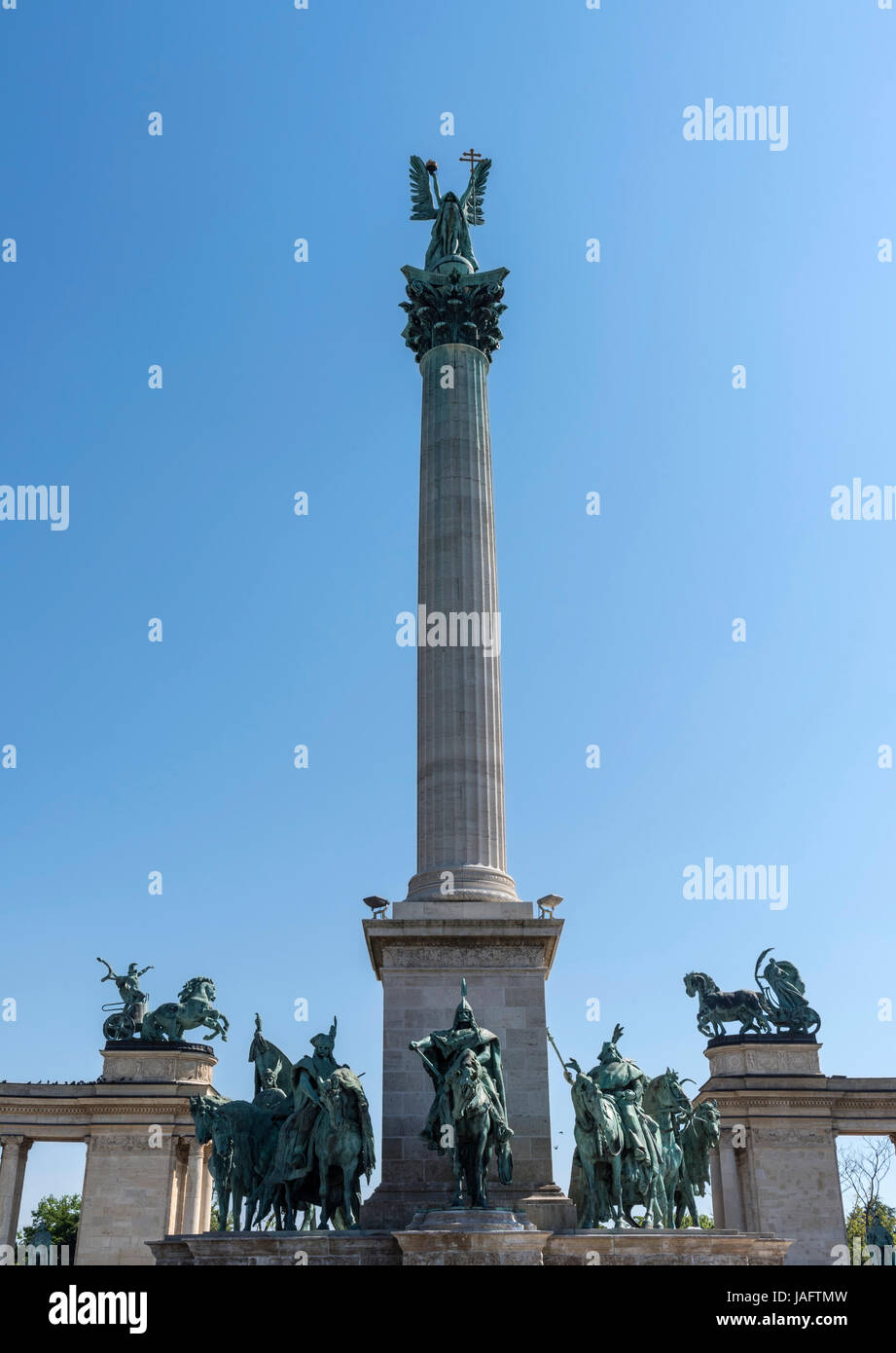 Statues and monument in Heroes Square (Hosok tere) City Park (Varosliget), Budapest, Hungary. Stock Photo