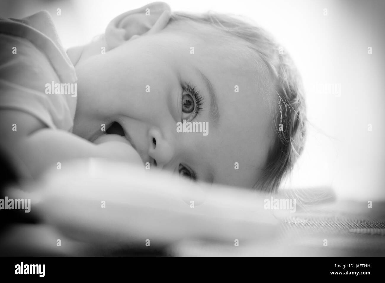 Black and white portrait of a cute toddler. Stock Photo